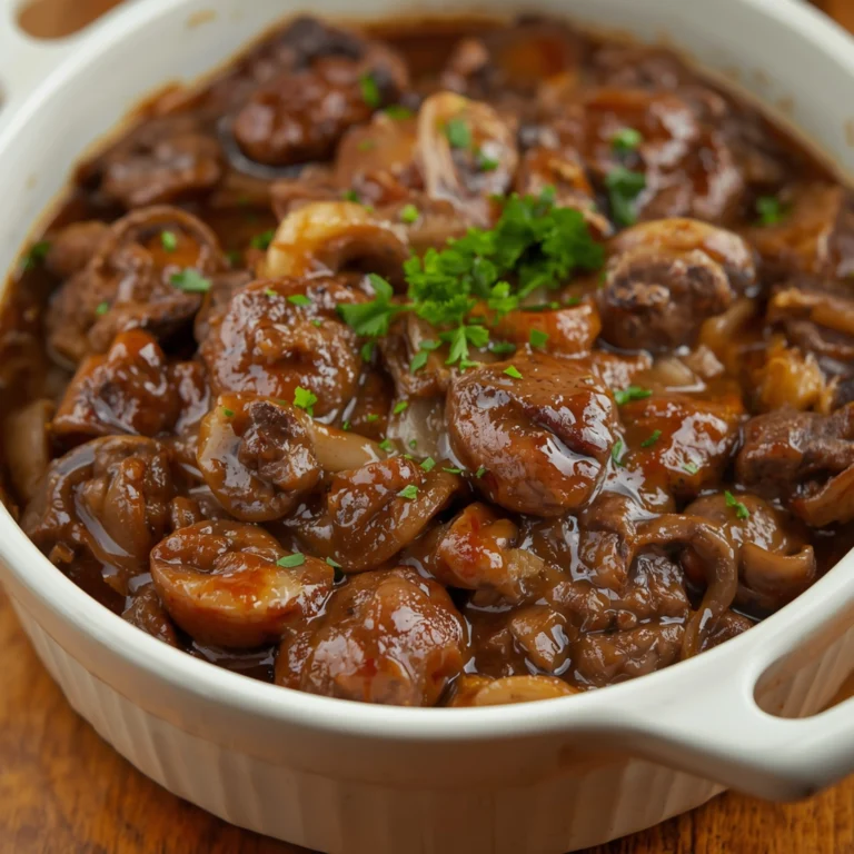 Close-up of Amish Hamburger Steak Bake with fresh herbs and glossy sauce