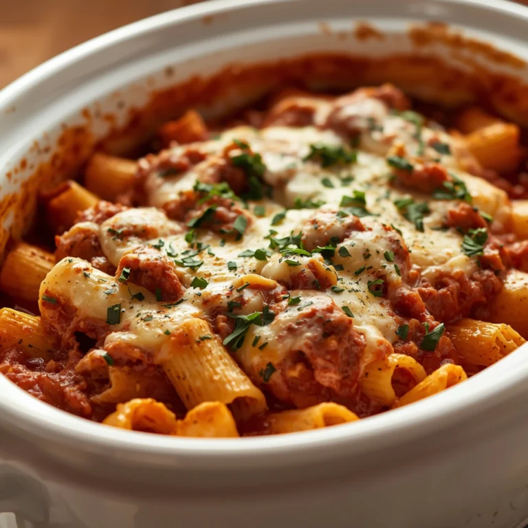 Close-up of Baked Rigatoni Stuffed with Beef Ragu & Mozzarella cooked in a Crockpot with fresh herbs and glossy sauce
