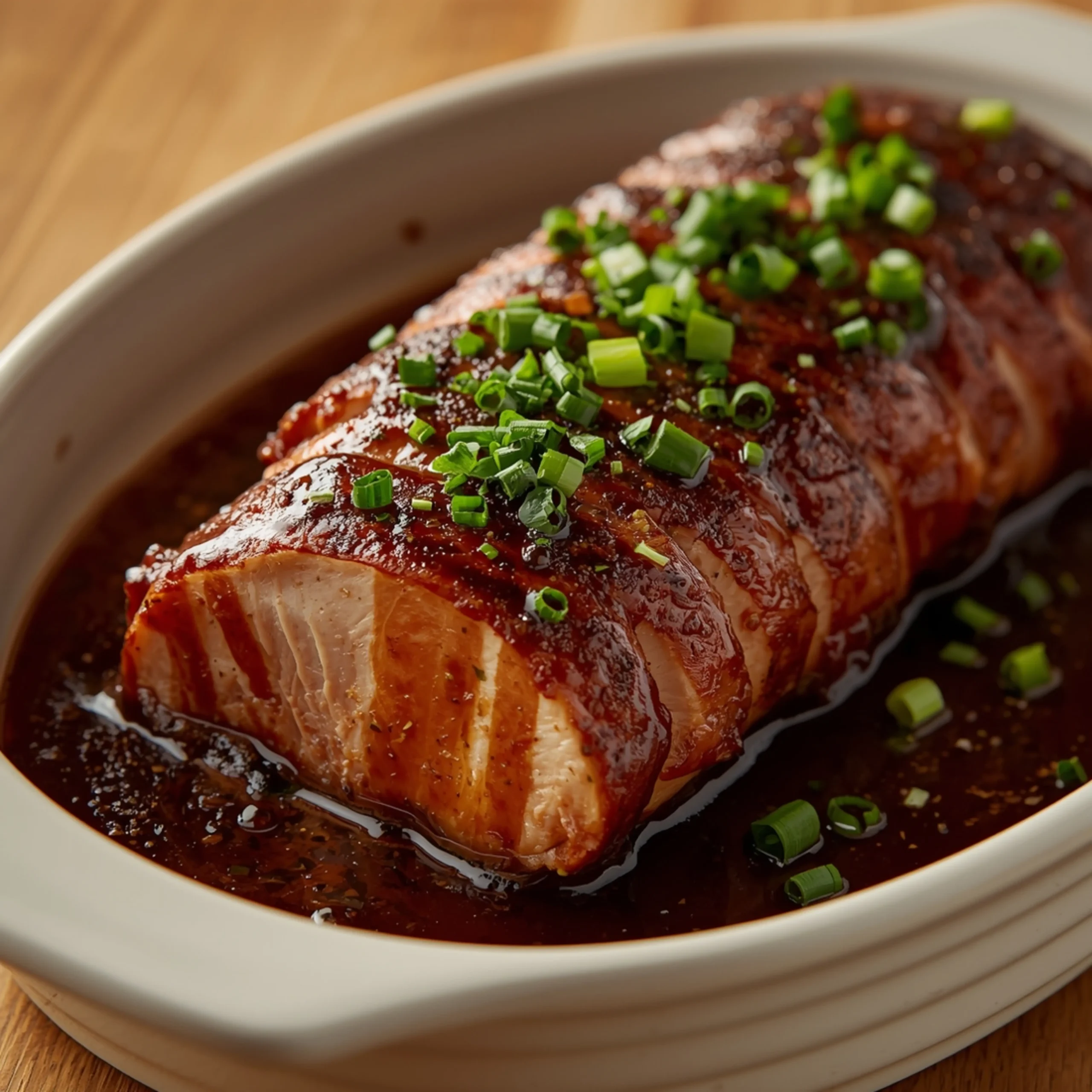 Close-up of Balsamic Bliss Pork Tenderloin cooked in a Crockpot with fresh herbs and glossy sauce