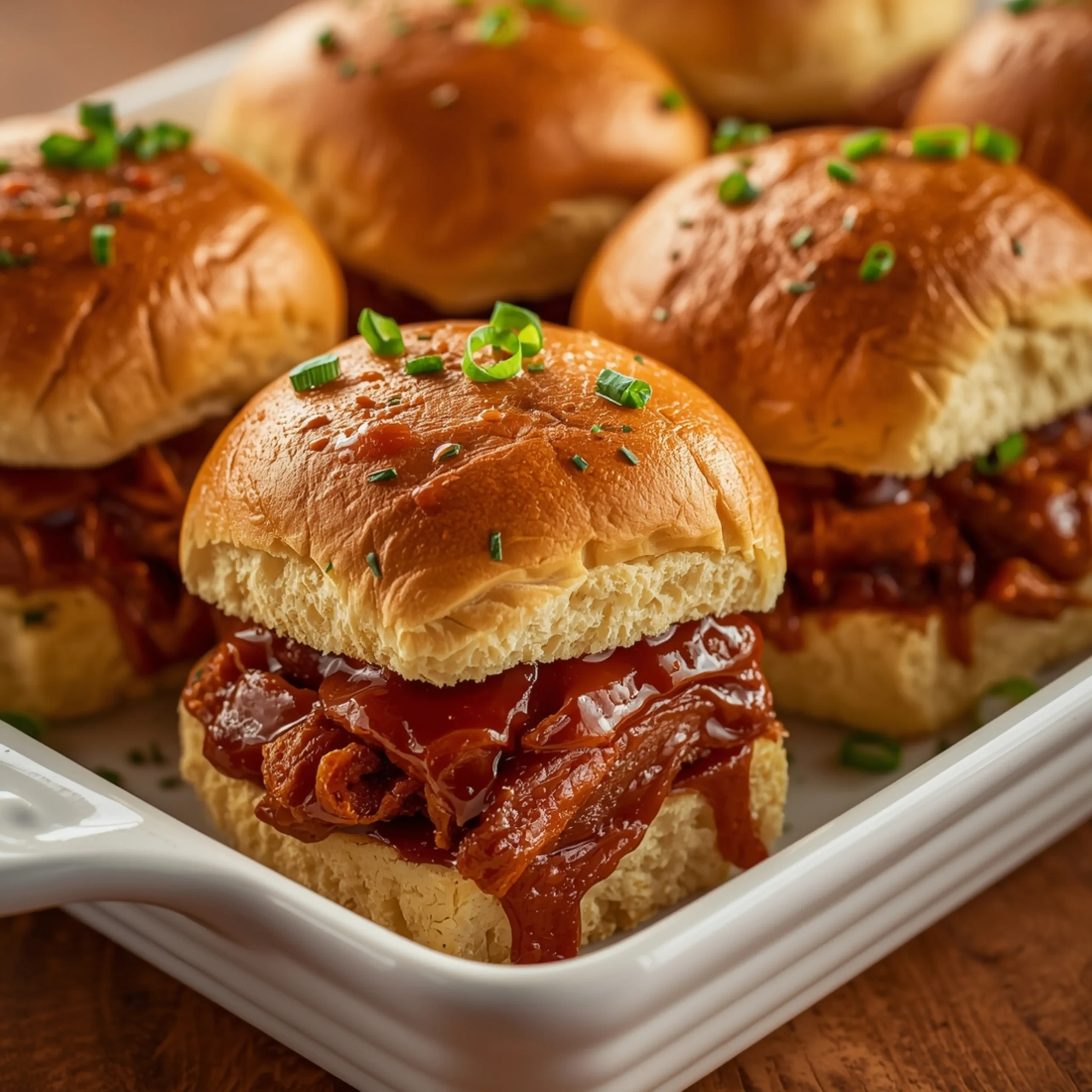 Close-up of BBQ Pulled Pork Sliders with fresh herbs and glossy sauce
