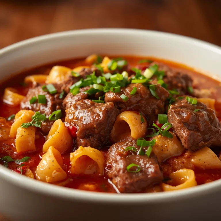 Close-up of Beef Giouvets cooked in a Crockpot with fresh herbs and glossy sauce