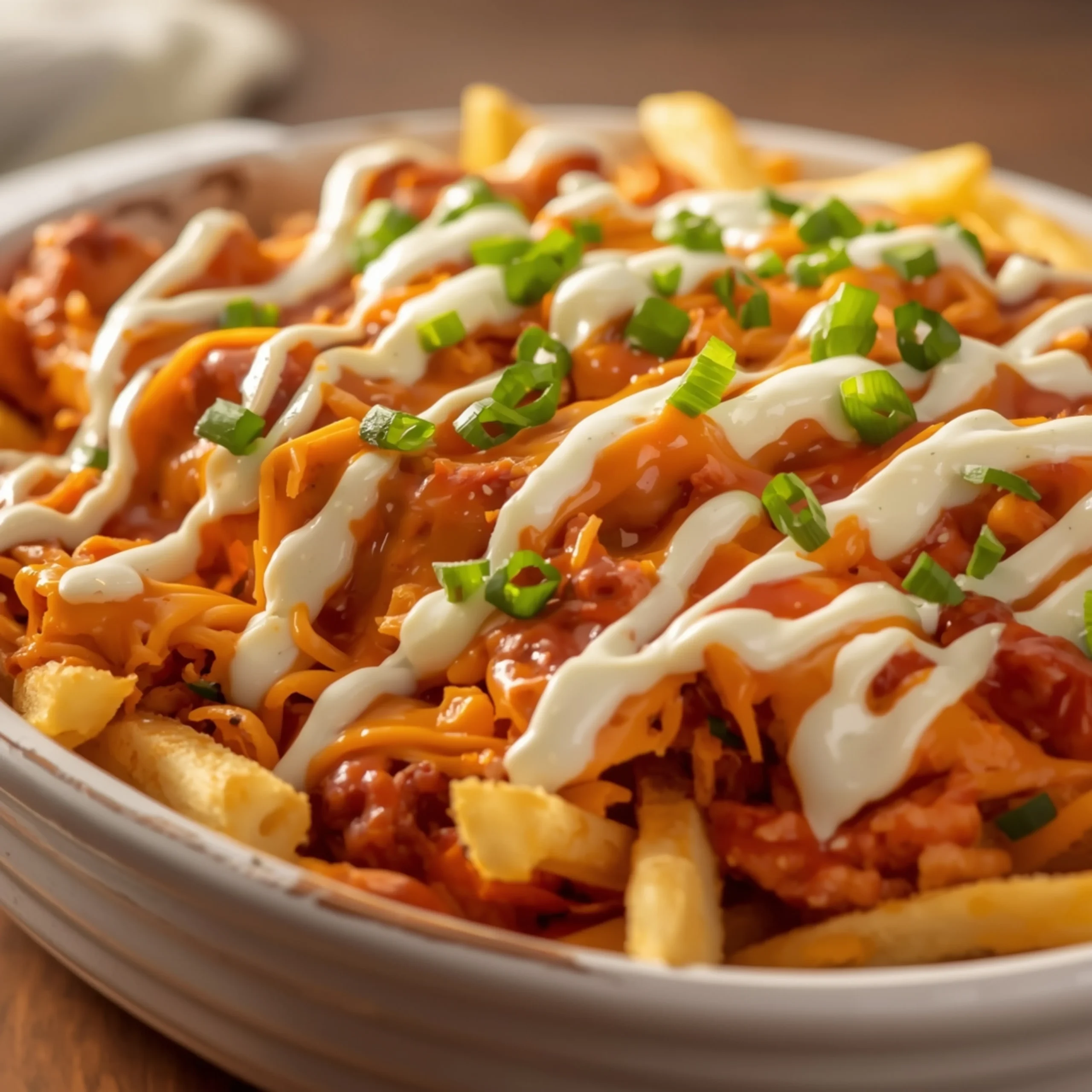 Close-up of Buffalo Chicken Fries with fresh herbs and glossy sauce