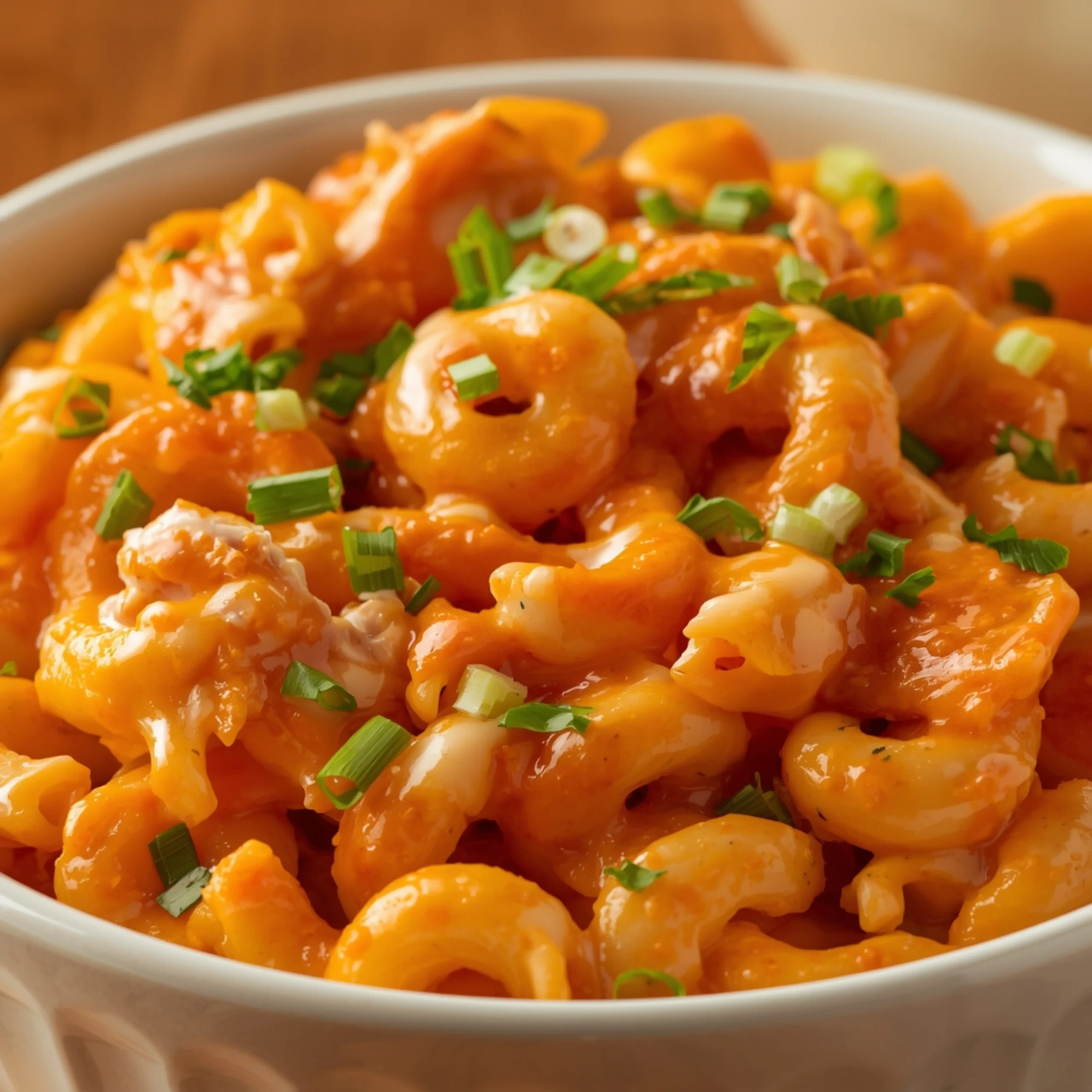 Close-up of Buffalo Chicken Mac & Cheese cooked in a Crockpot with fresh herbs and glossy sauce