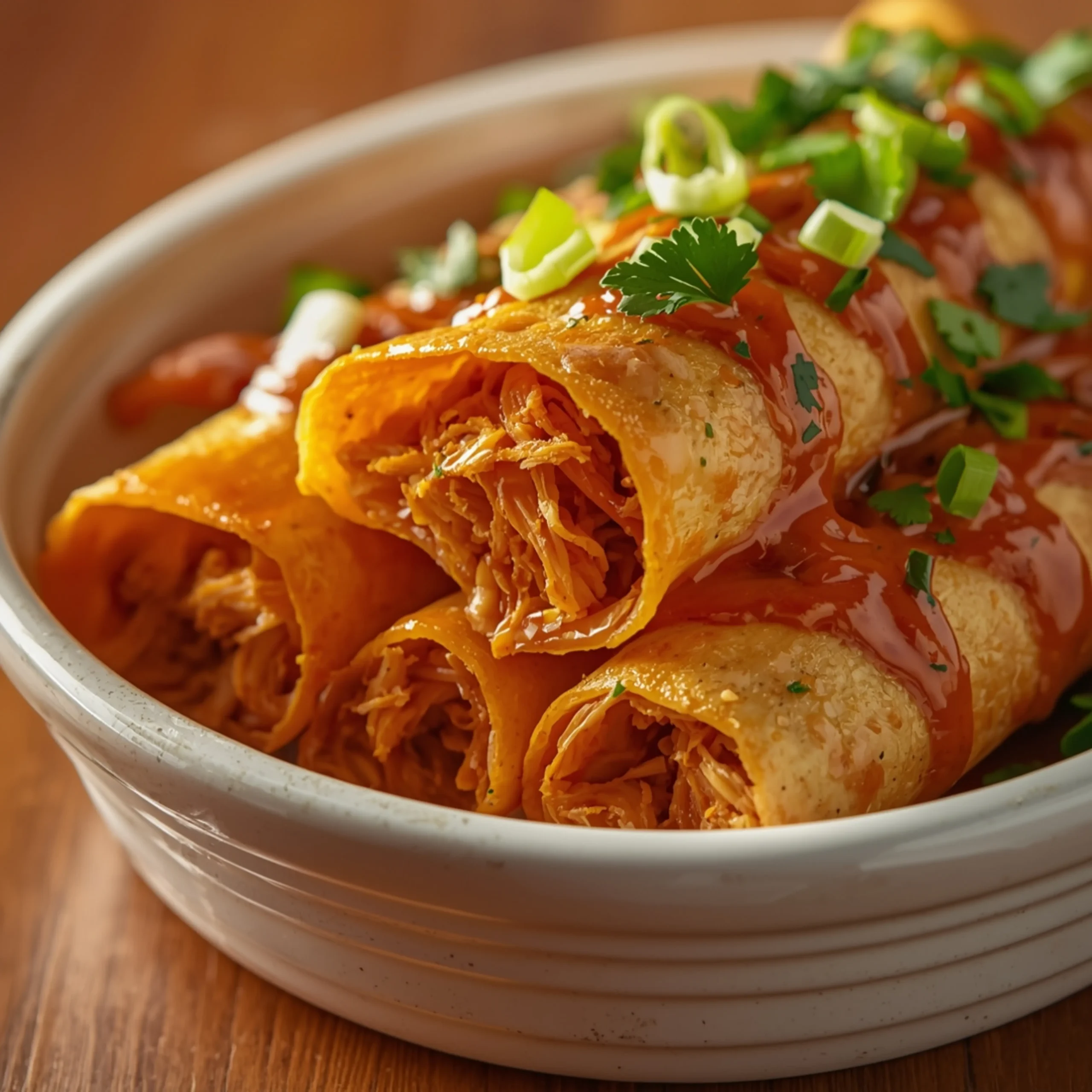 Close-up of Buffalo Chicken Taquitos Recipe with fresh herbs and glossy sauce