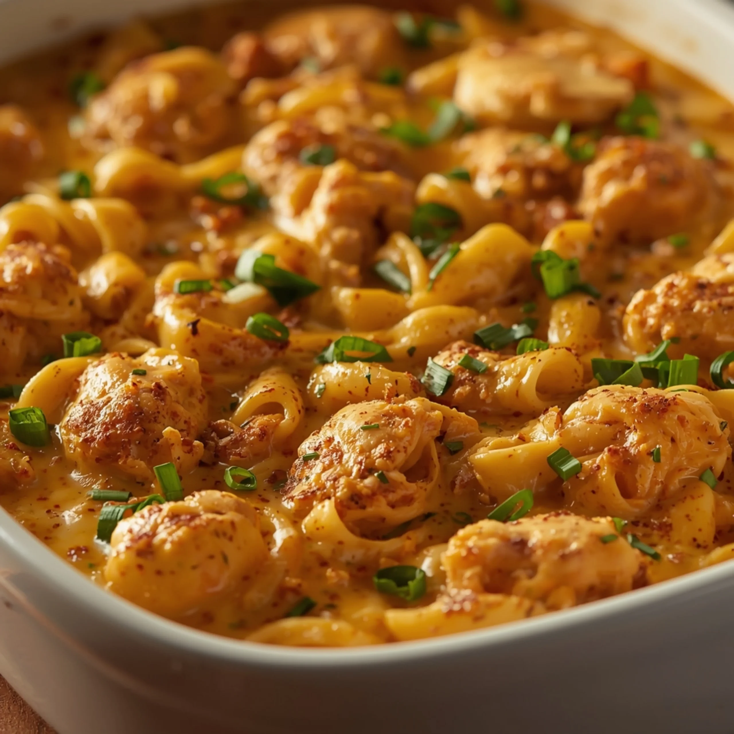 Close-up of Cajun Cream Cheese Chicken Pasta Bake with fresh herbs and glossy sauce