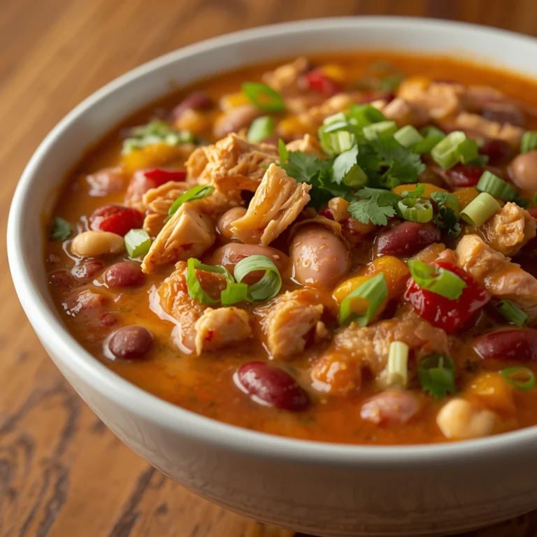 Close-up of Cajun White Chicken Chili cooked in a Crockpot with fresh herbs and glossy sauce