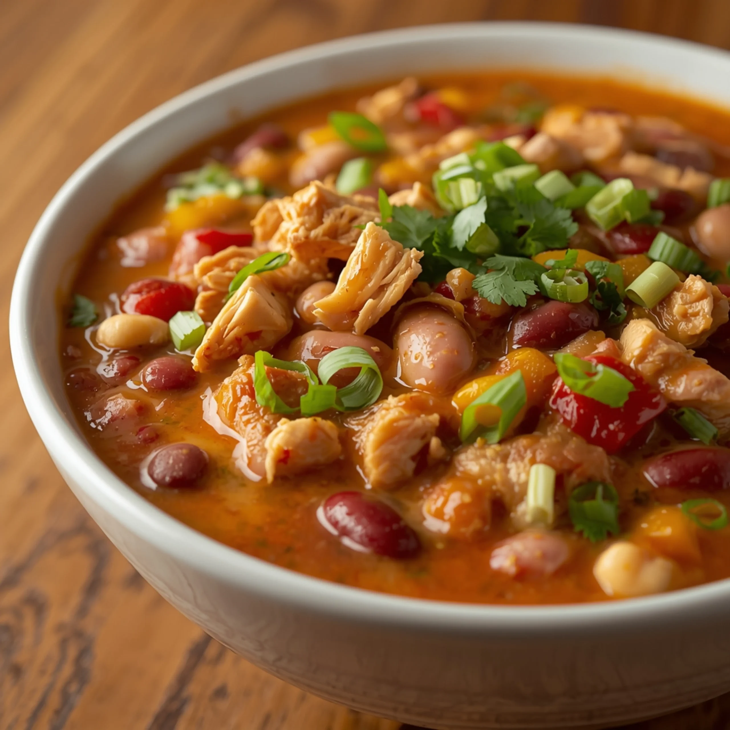 Close-up of Cajun White Chicken Chili cooked in a Crockpot with fresh herbs and glossy sauce