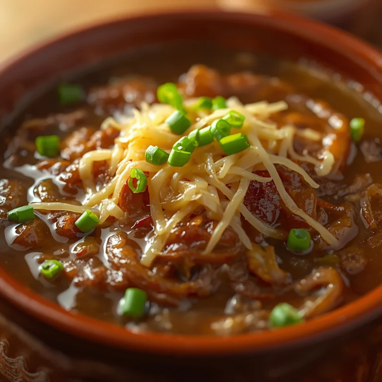 Close-up of Caramelized French Onion Soup Slow Cooker Recip cooked in a Crockpot with fresh herbs and glossy sauce