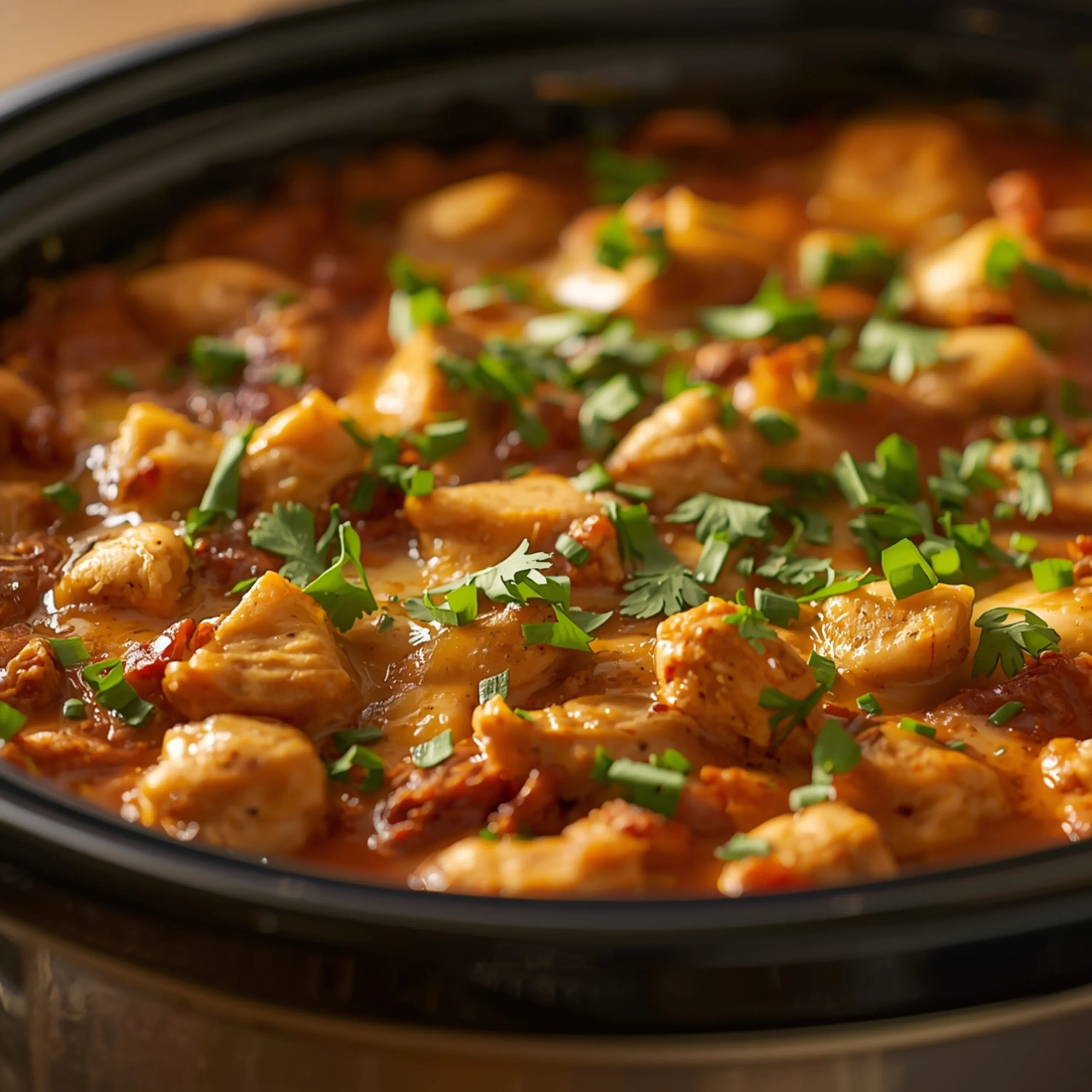 Close-up of Carnivore Keto Chicken Casserole Recipe cooked in a Crockpot with fresh herbs and glossy sauce