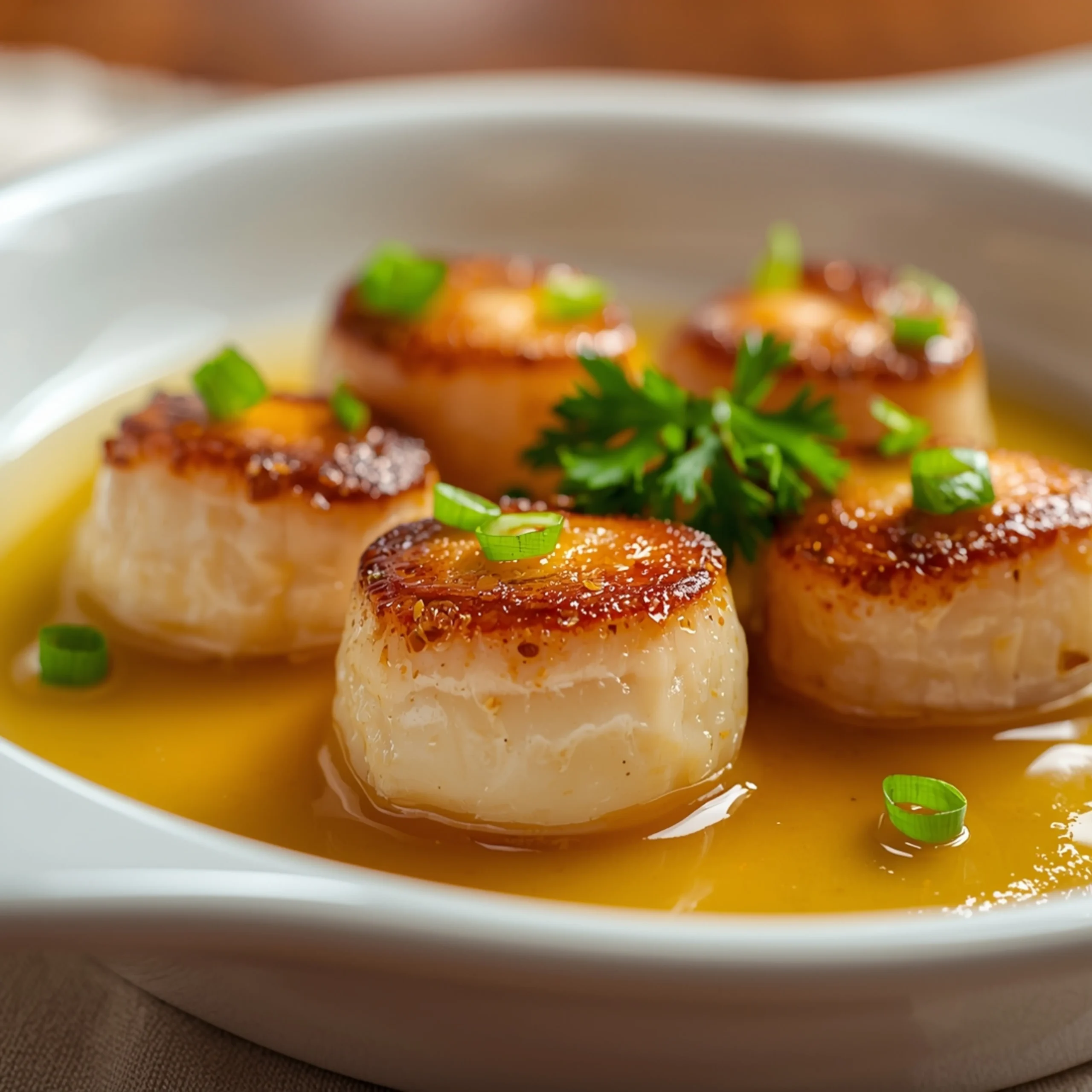 Close-up of Champagne-Poached Scallops with fresh herbs and glossy sauce
