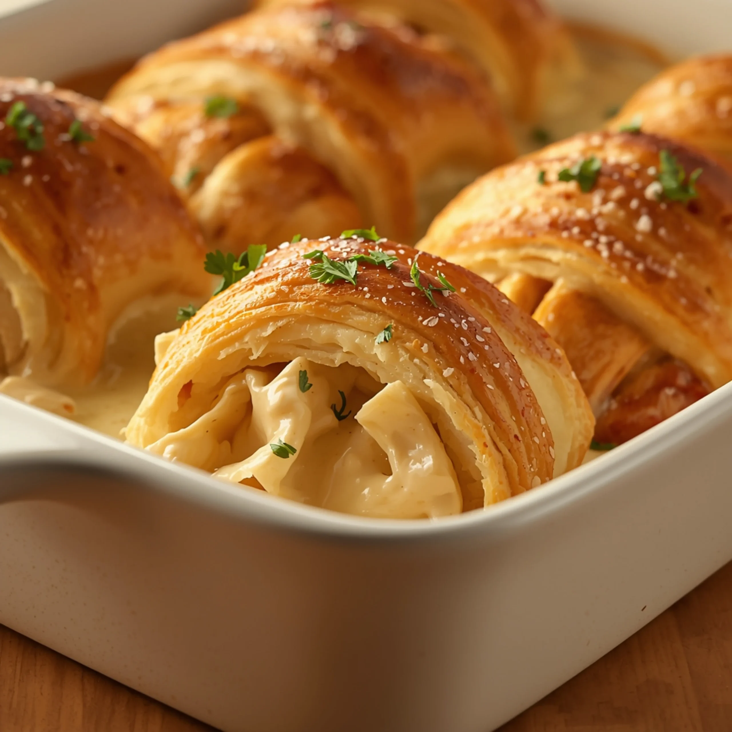 Close-up of Chicken Alfredo Stuffed Crescents with fresh herbs and glossy sauce