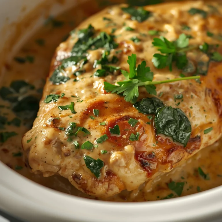 Close-up of Chicken Florentine cooked in a Crockpot with fresh herbs and glossy sauce