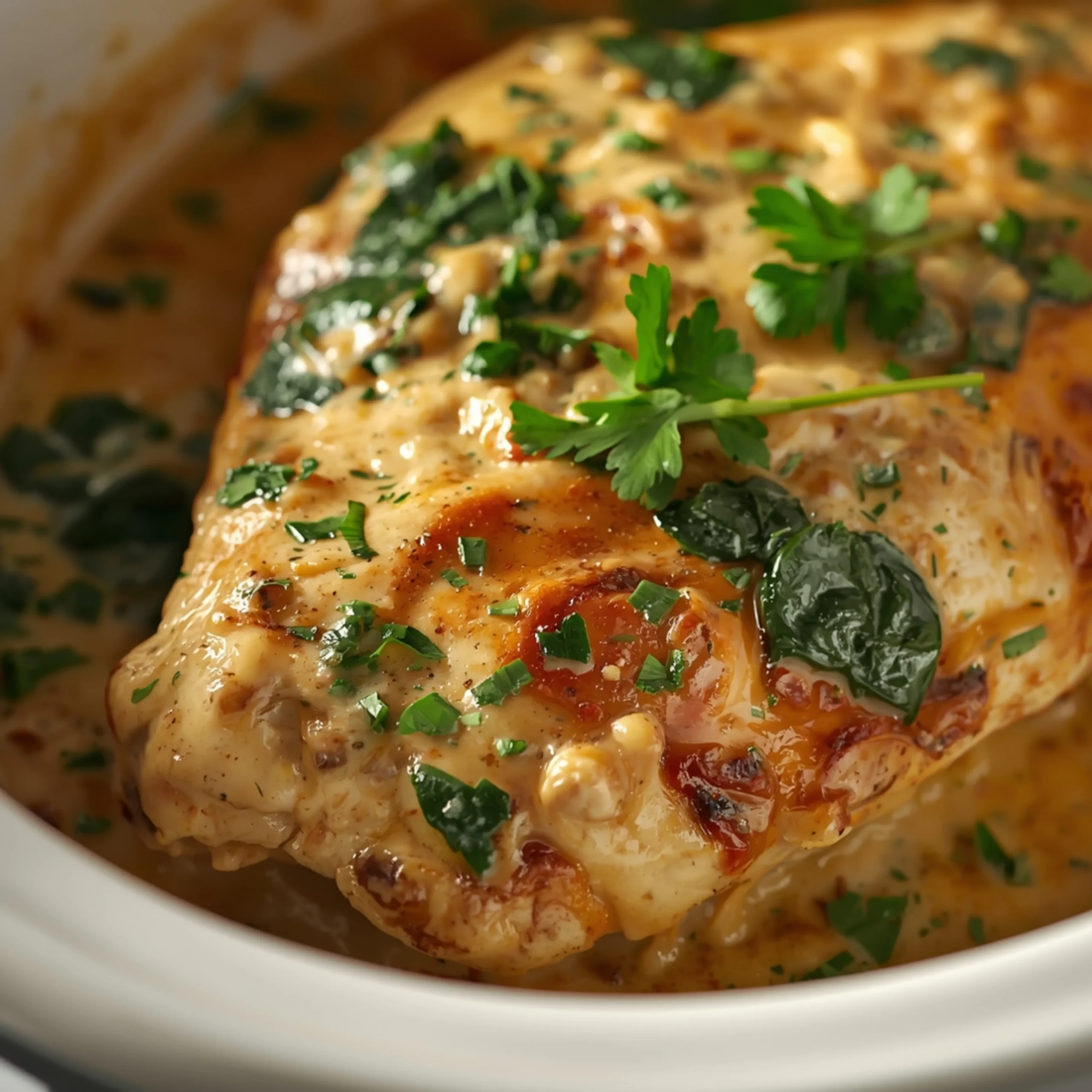 Close-up of Chicken Florentine cooked in a Crockpot with fresh herbs and glossy sauce
