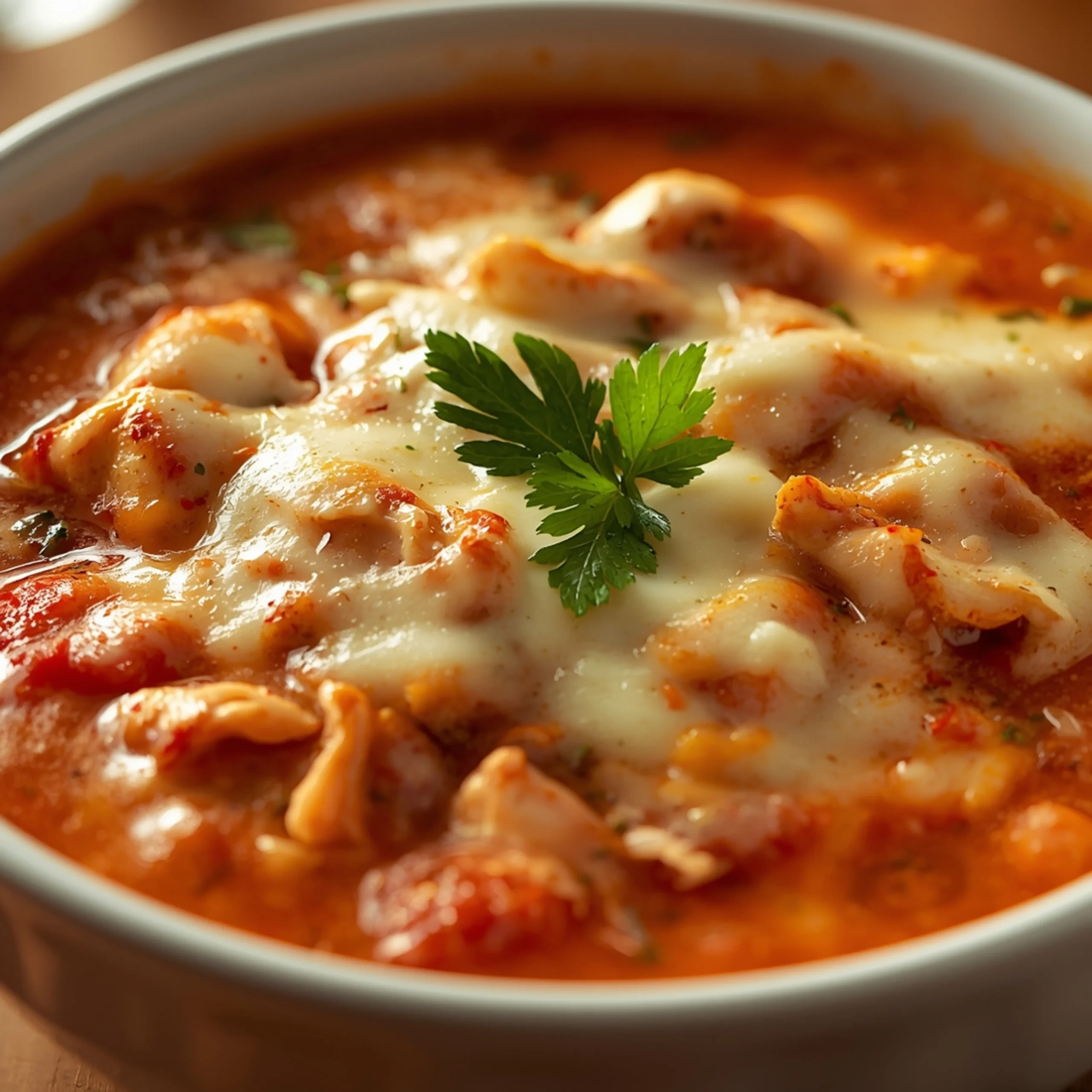 Close-up of Chicken Parmesan Soup cooked in a Crockpot with fresh herbs and glossy sauce