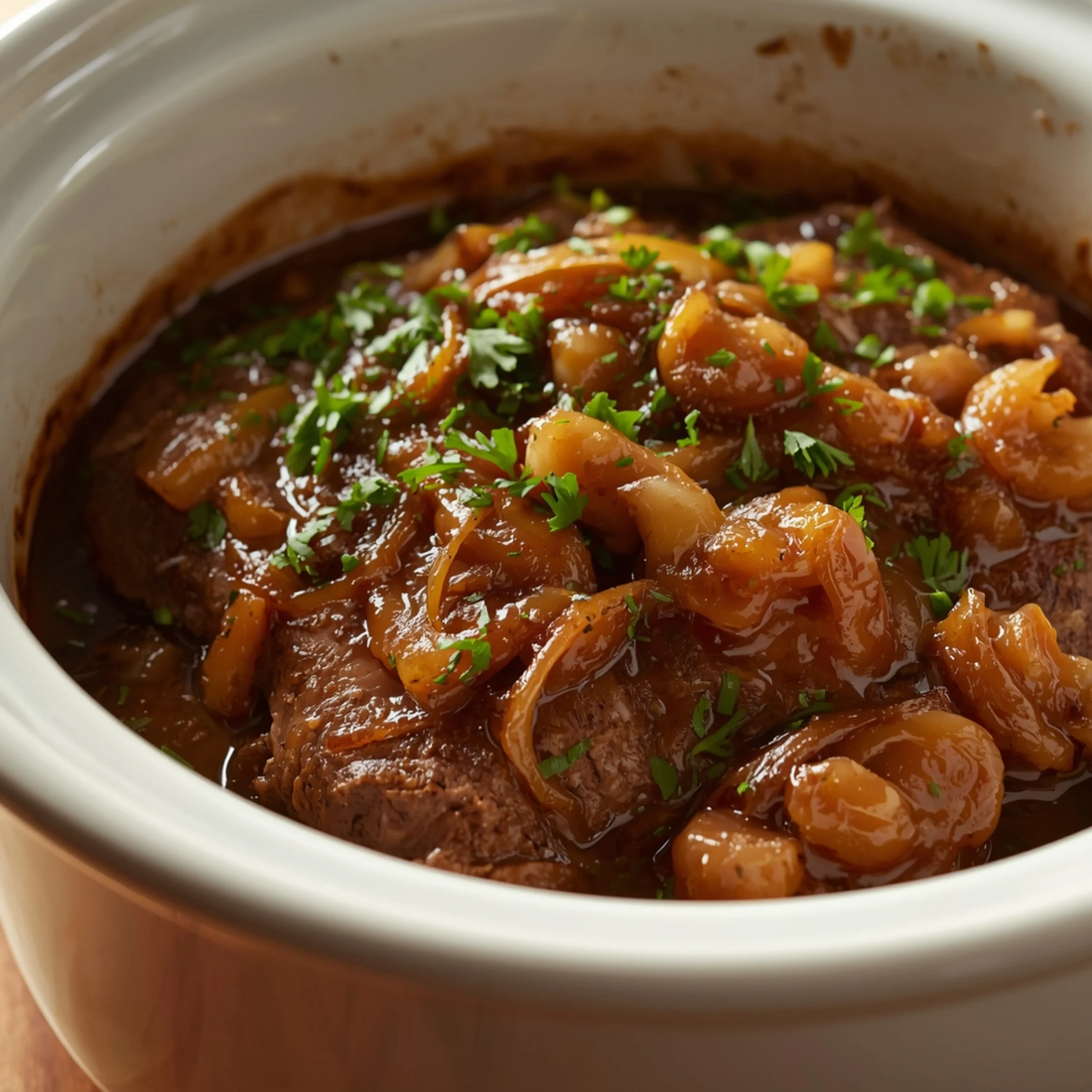Close-up of Comforting French Onion Pot Roast cooked in a Crockpot with fresh herbs and glossy sauce