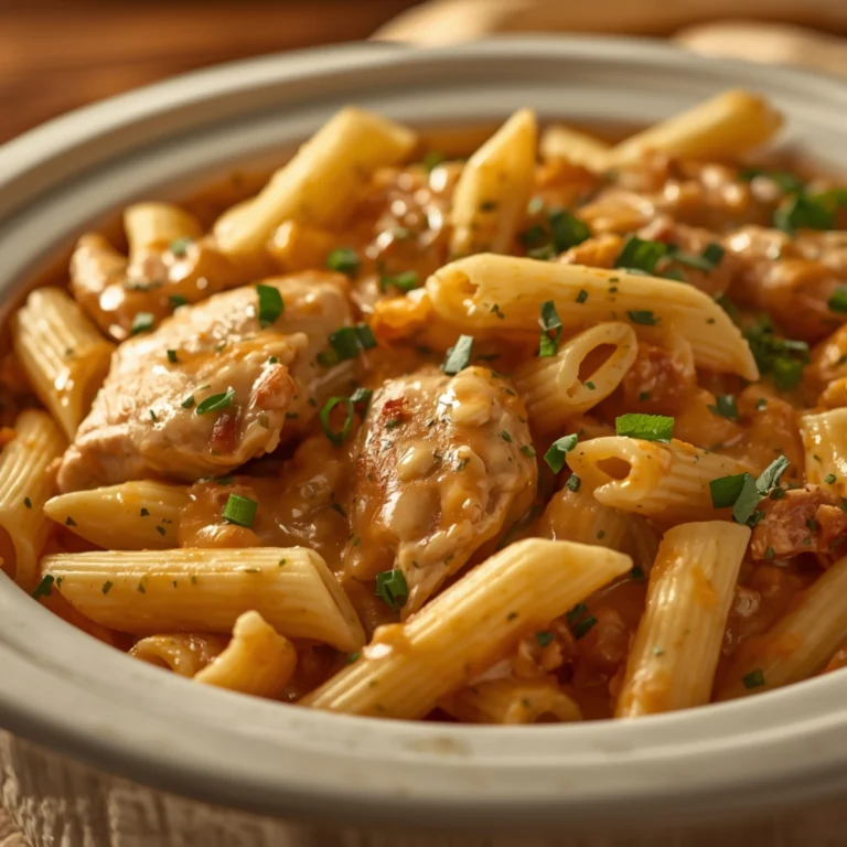 Close-up of Crack Chicken Penne cooked in a Crockpot with fresh herbs and glossy sauce