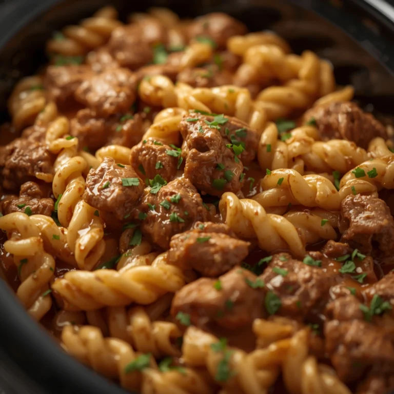 Close-up of Creamy Beef Pasta Crockpot Recipe cooked in a Crockpot with fresh herbs and glossy sauce