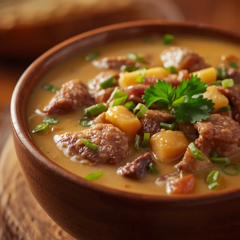 Close-up of Creamy Cowboy Soup Recipe with fresh herbs and glossy sauce