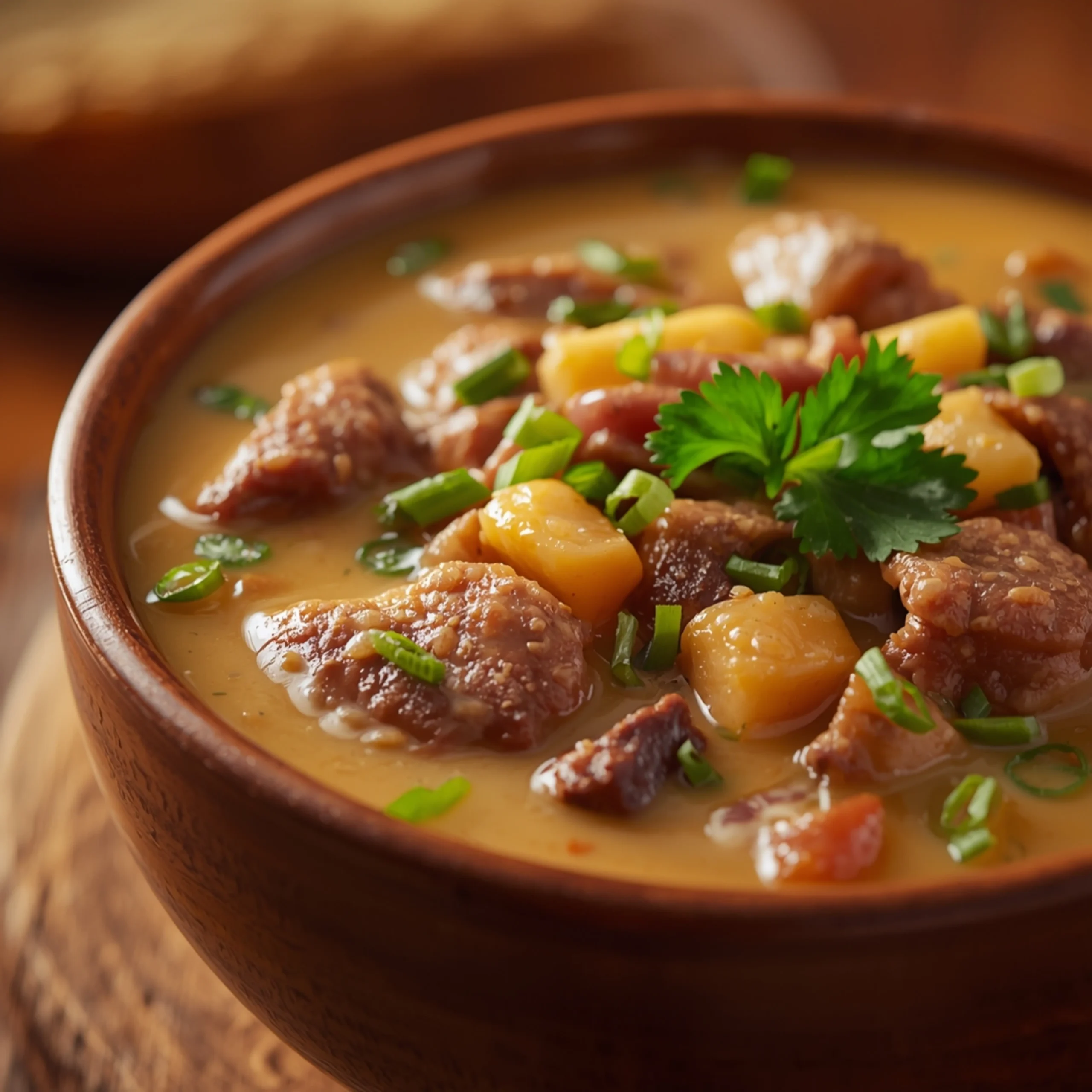 Close-up of Creamy Cowboy Soup Recipe with fresh herbs and glossy sauce