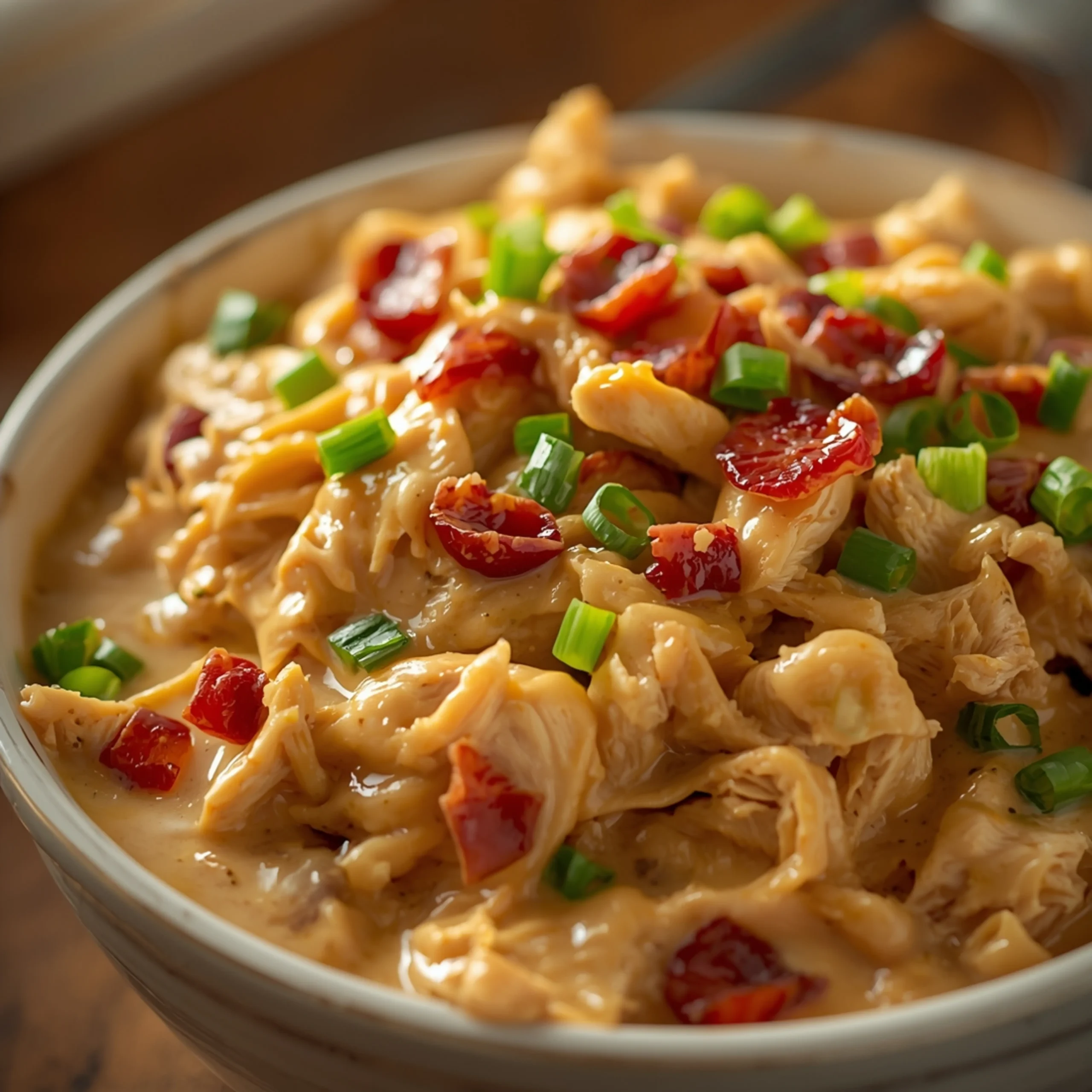 Close-up of Creamy Crockpot Crack Chicken cooked in a Crockpot with fresh green onions and a glossy, creamy sauce