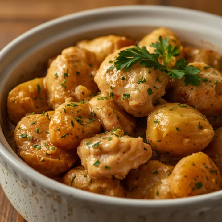 Close-up of Creamy Italian Crockpot Chicken and Potatoes cooked in a rustic white ceramic dish with fresh parsley garnish and glossy sauce