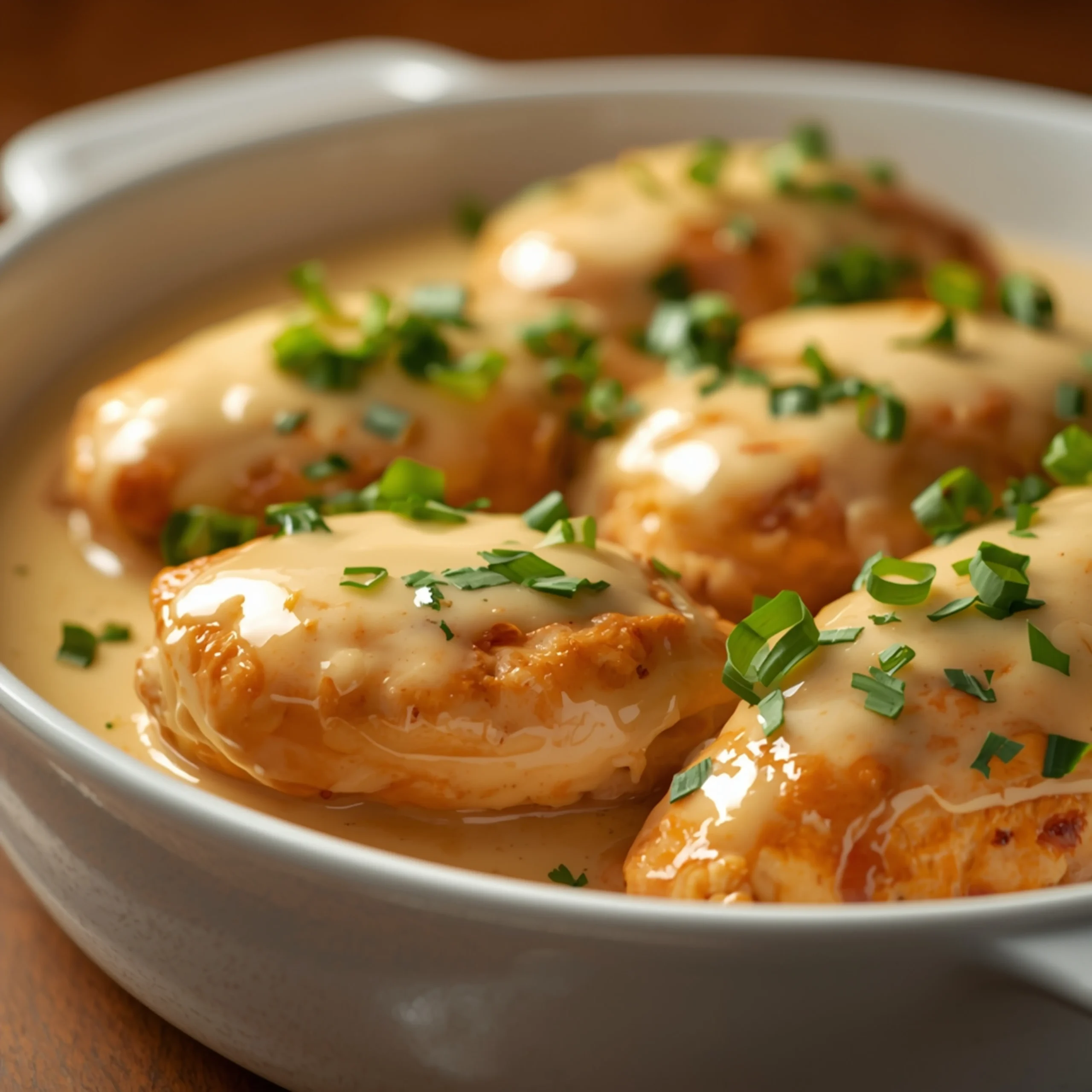 Close-up of Creamy Jack Cheese Chicken cooked in a Crockpot with fresh herbs and glossy sauce