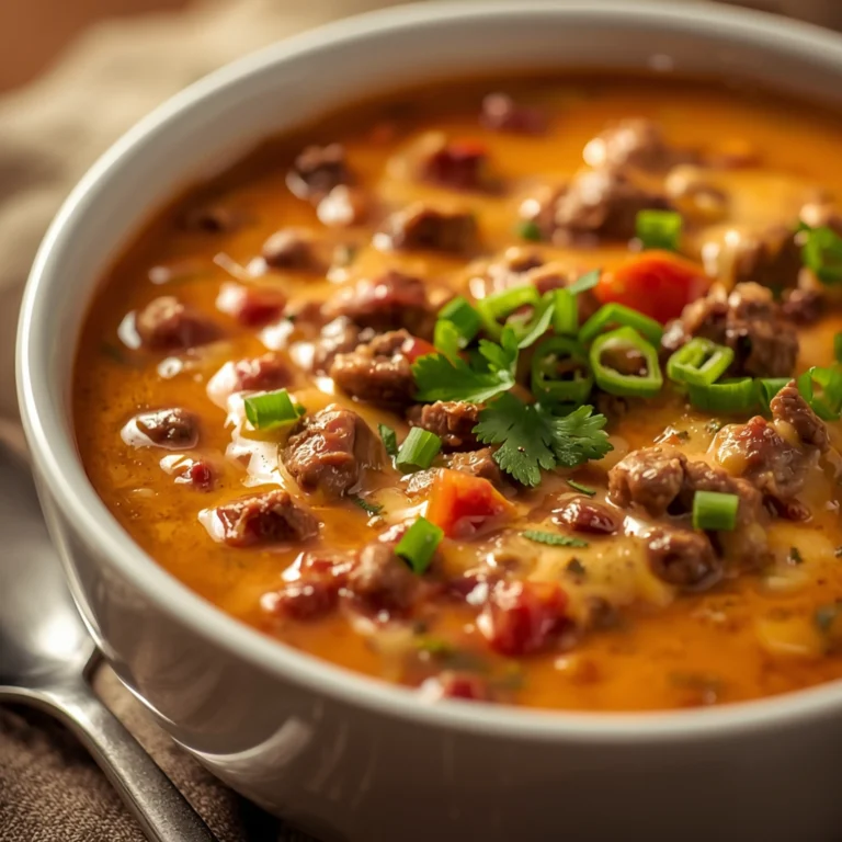Close-up of Creamy Keto Hamburger Rotel Soup cooked in a Crockpot with fresh herbs and glossy sauce