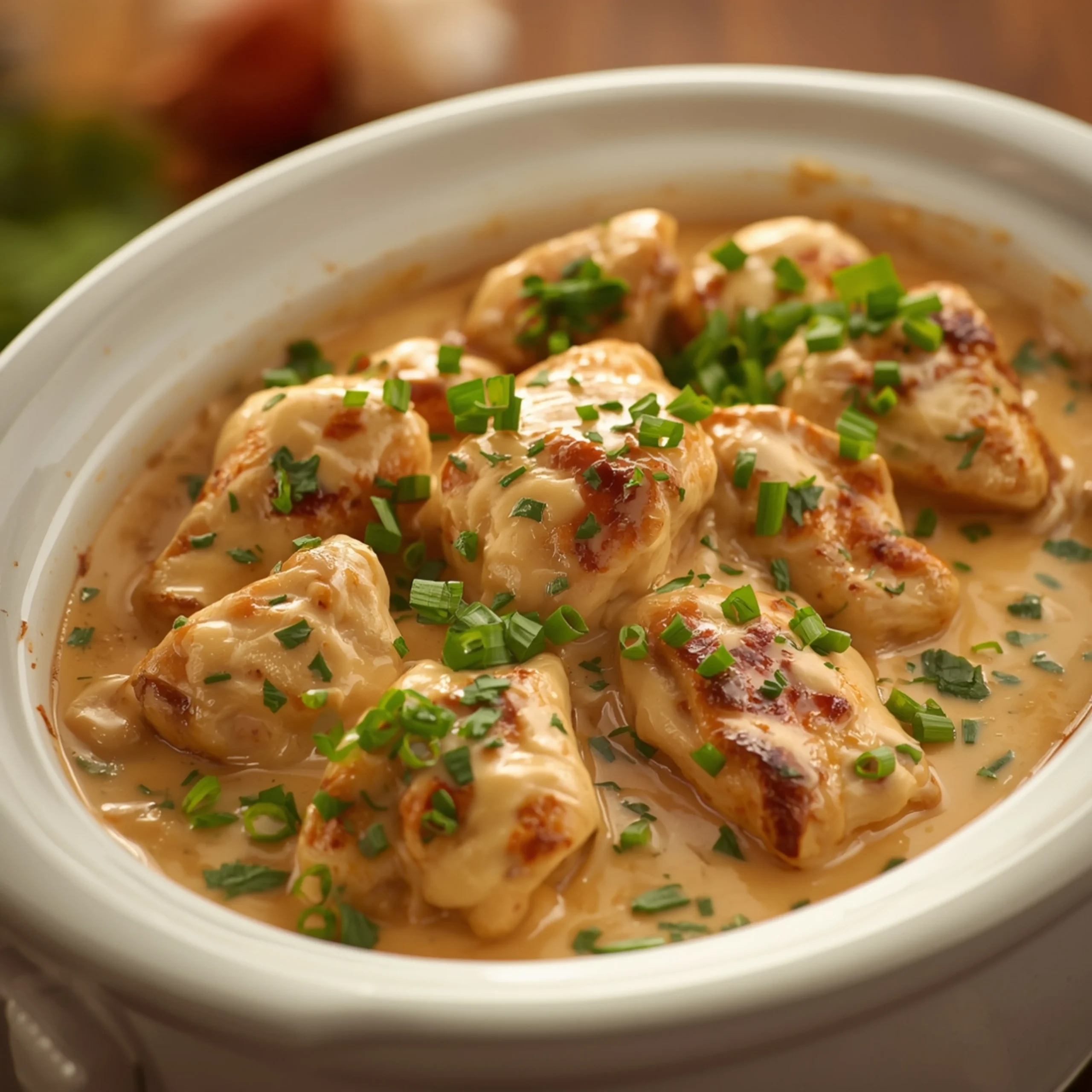 Close-up of Creamy Ranch Chicken Crock Pot cooked in a Crockpot with fresh herbs and glossy sauce