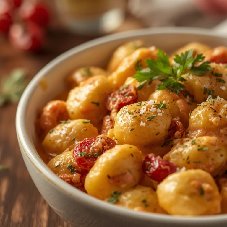 Close-up of Creamy Sun-dried Tomato Gnocchi with fresh herbs and glossy sauce