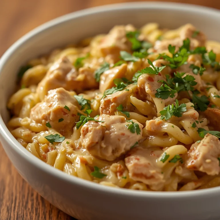 Close-up of Creamy Tuscan Chicken Orzo cooked in a Crockpot with fresh herbs and glossy sauce