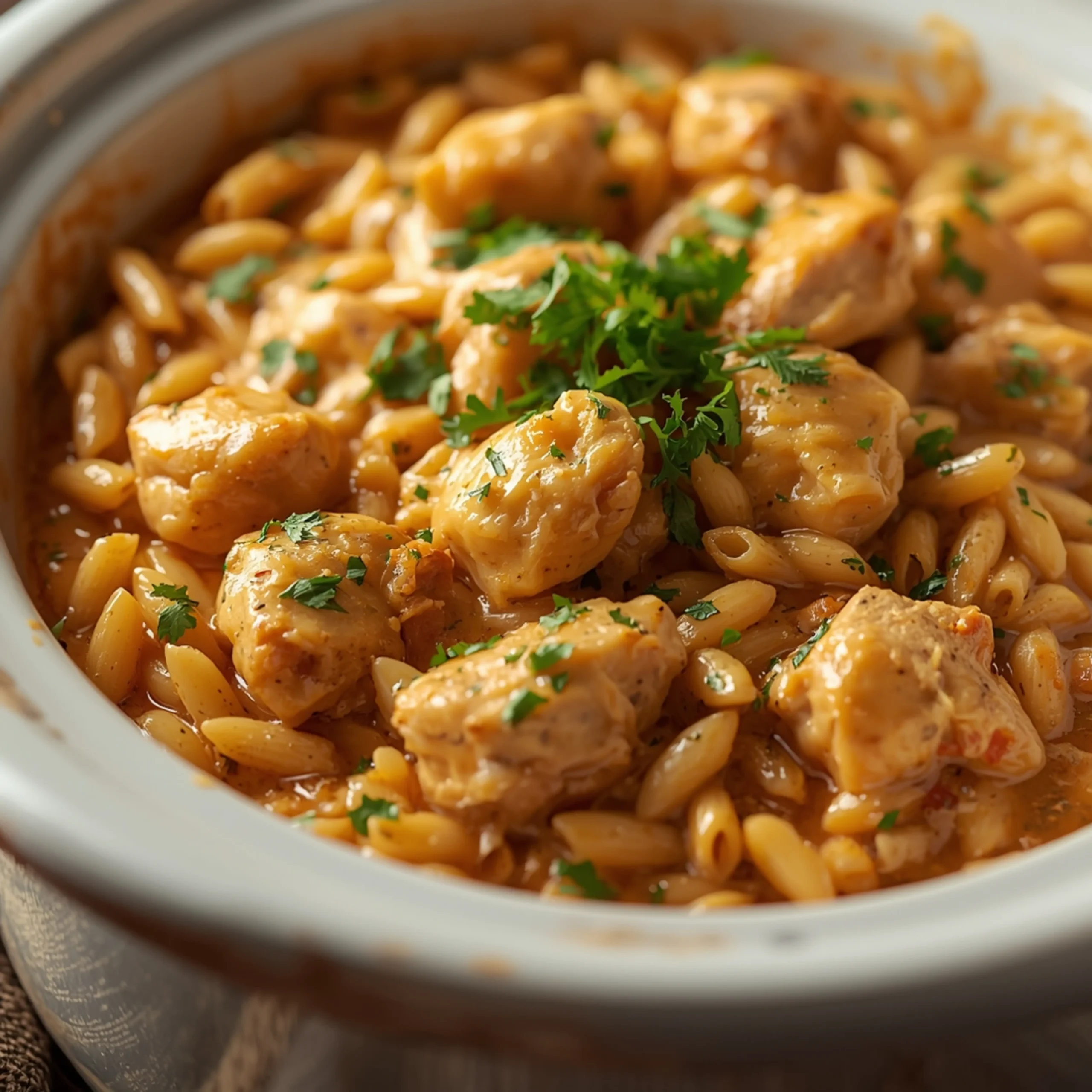 Close-up of Creamy Tuscan Chicken Orzo Recipe cooked in a Crockpot with fresh herbs and glossy sauce