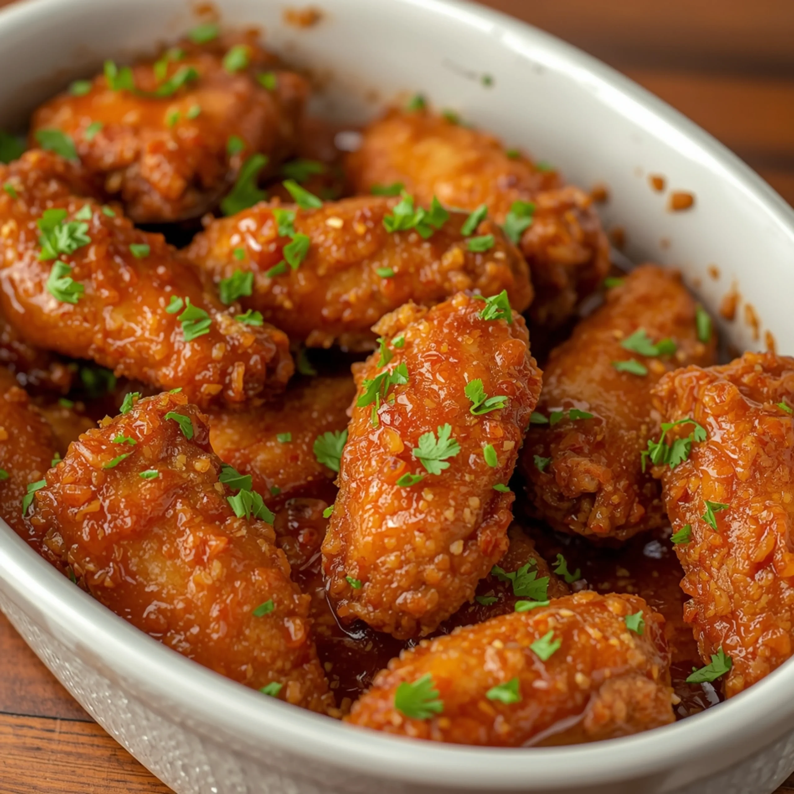 Close-up of Crispy Baked Garlic Parmesan Boneless Wings with fresh herbs and glossy sauce