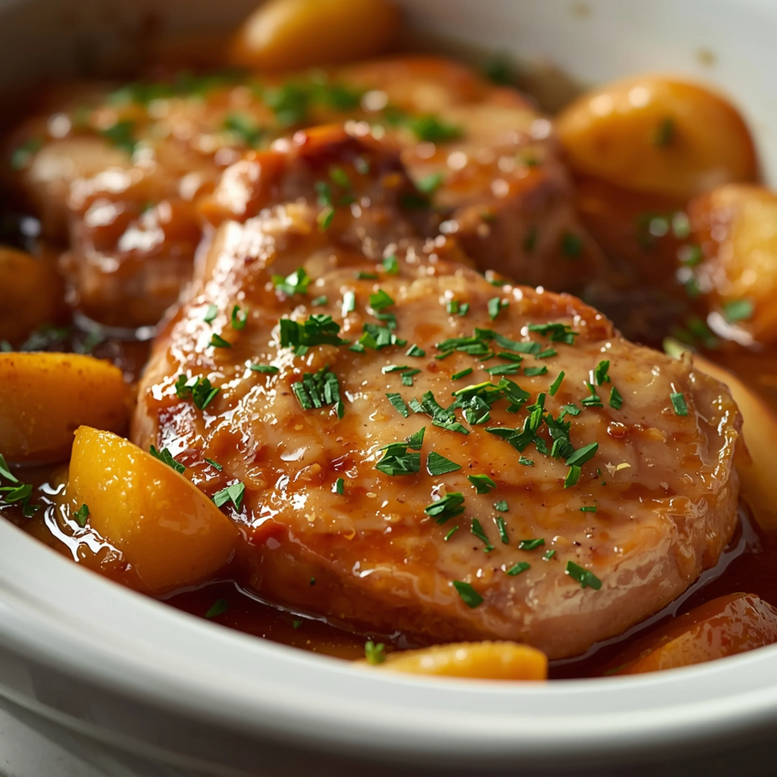 Close-up of Crock Pot Apple Pork Chops cooked in a Crockpot with fresh herbs and glossy sauce