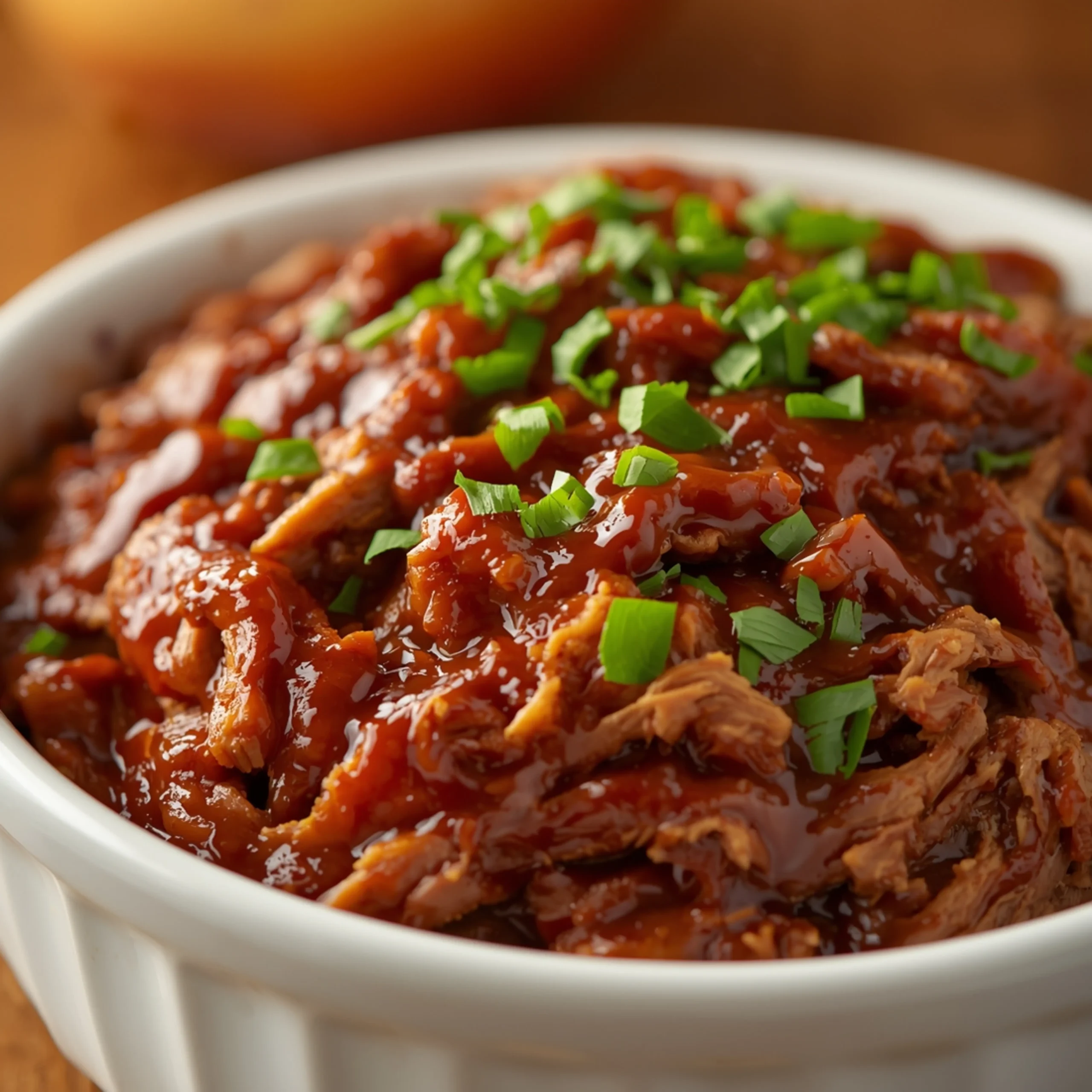 Close-up of Crock Pot BBQ Pulled Pork cooked in a Crockpot with fresh herbs and glossy sauce