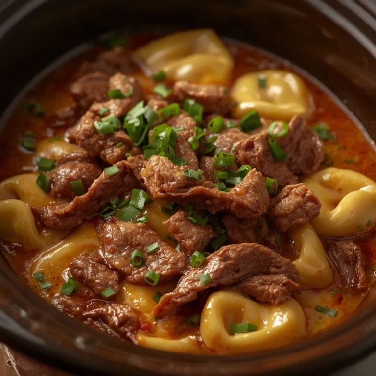 Close-up of Crock Pot Cheesesteak Tortellini cooked in a Crockpot with fresh herbs and glossy sauce