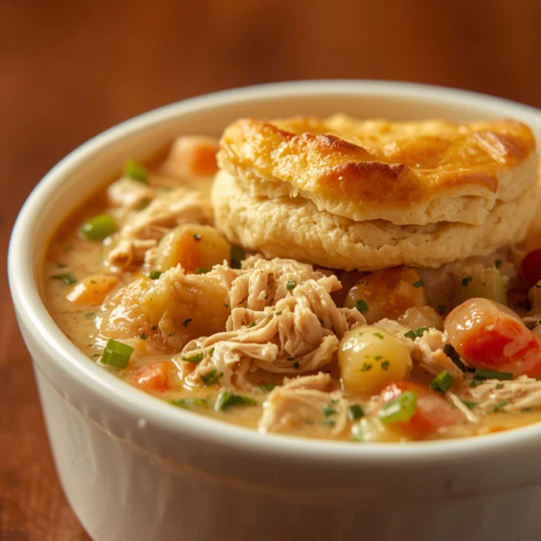 Close-up of Crock Pot Chicken Pot Pie cooked in a Crockpot with fresh herbs and glossy sauce