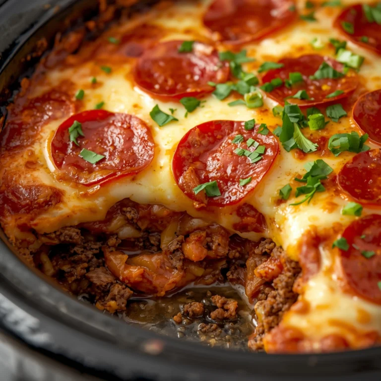 Close-up of Crock Pot Low Carb Pizza Casserole Recipe cooked in a Crockpot with fresh herbs and glossy sauce