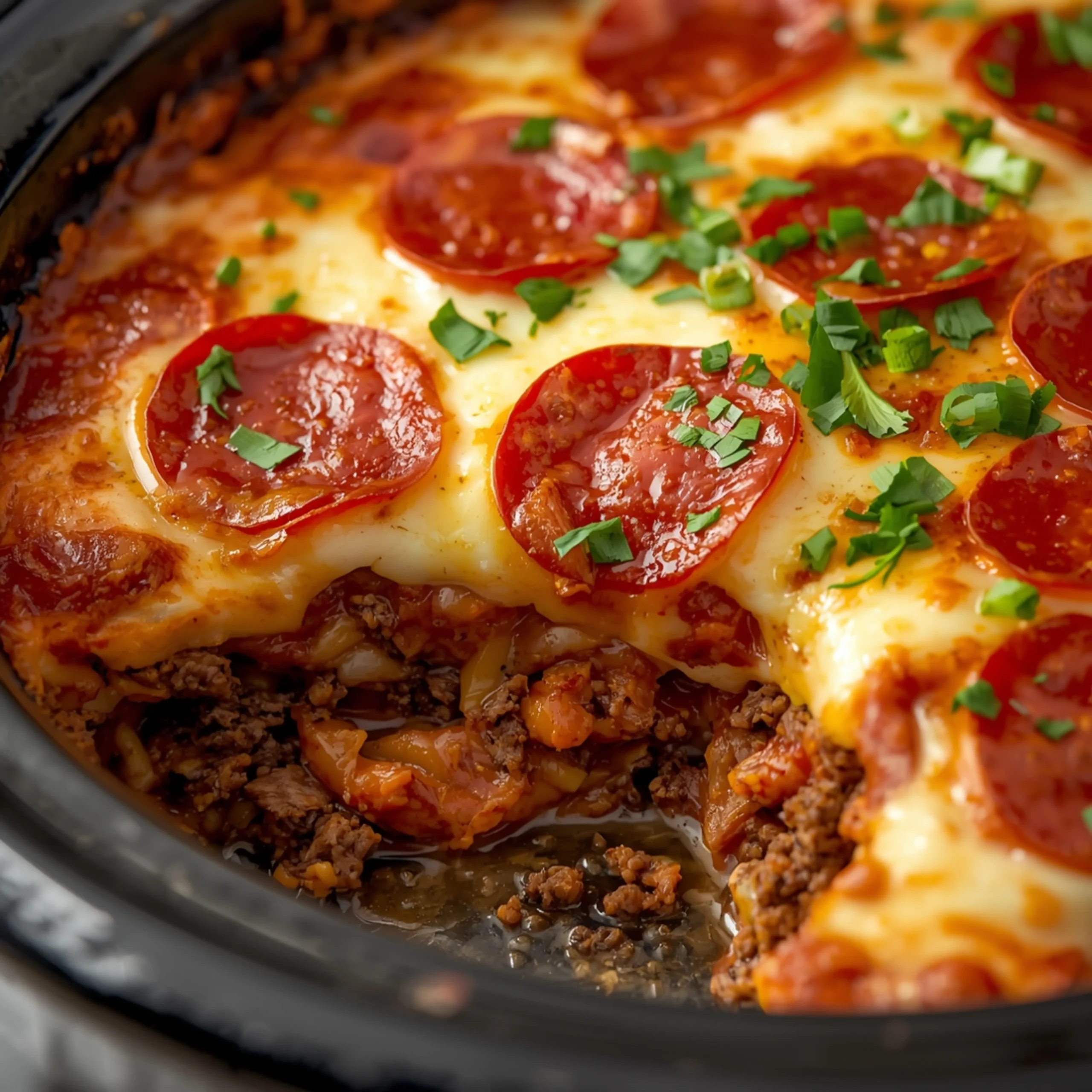 Close-up of Crock Pot Low Carb Pizza Casserole Recipe cooked in a Crockpot with fresh herbs and glossy sauce