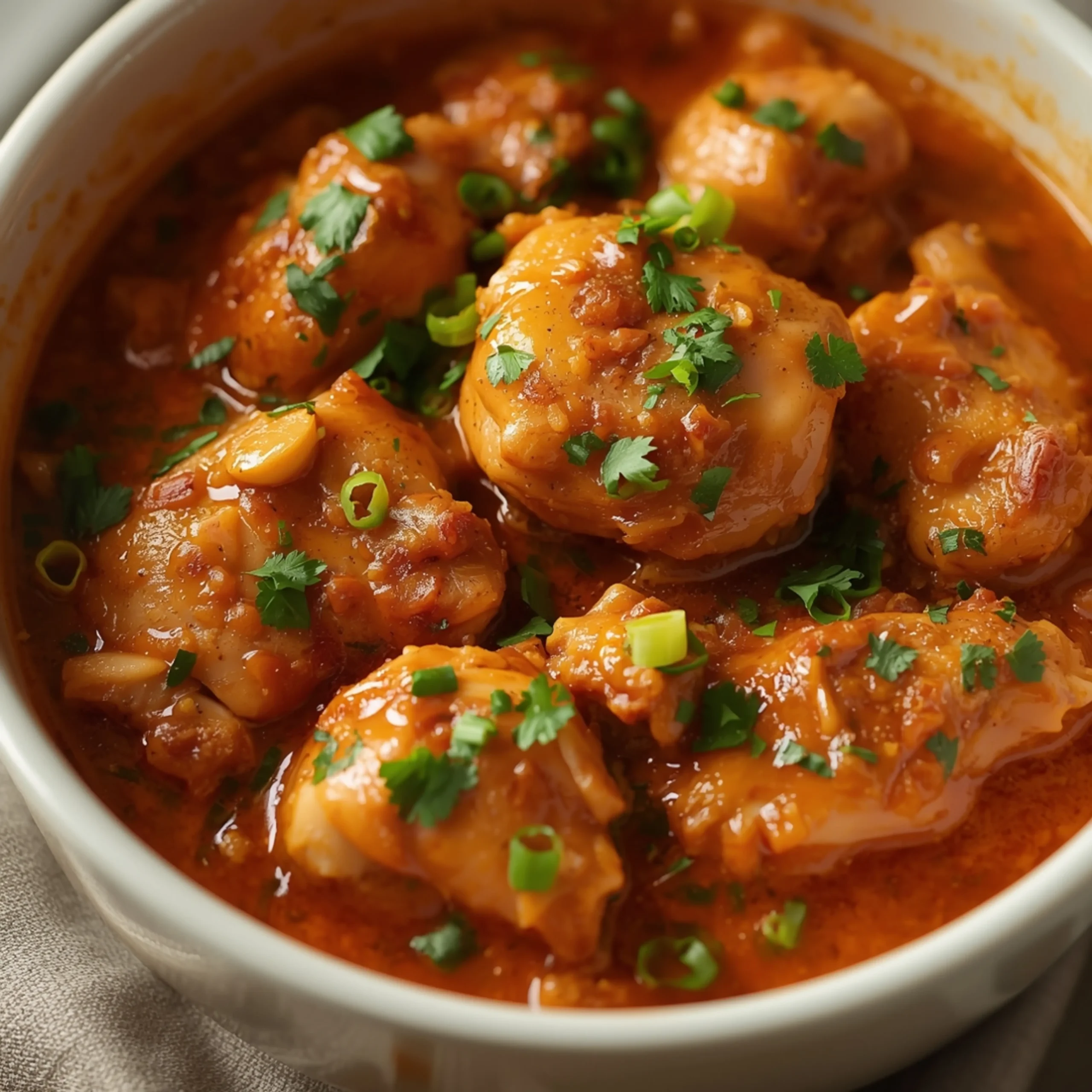 Close-up of CROCK POT MARRY ME CHICKEN cooked in a Crockpot with fresh herbs and glossy sauce