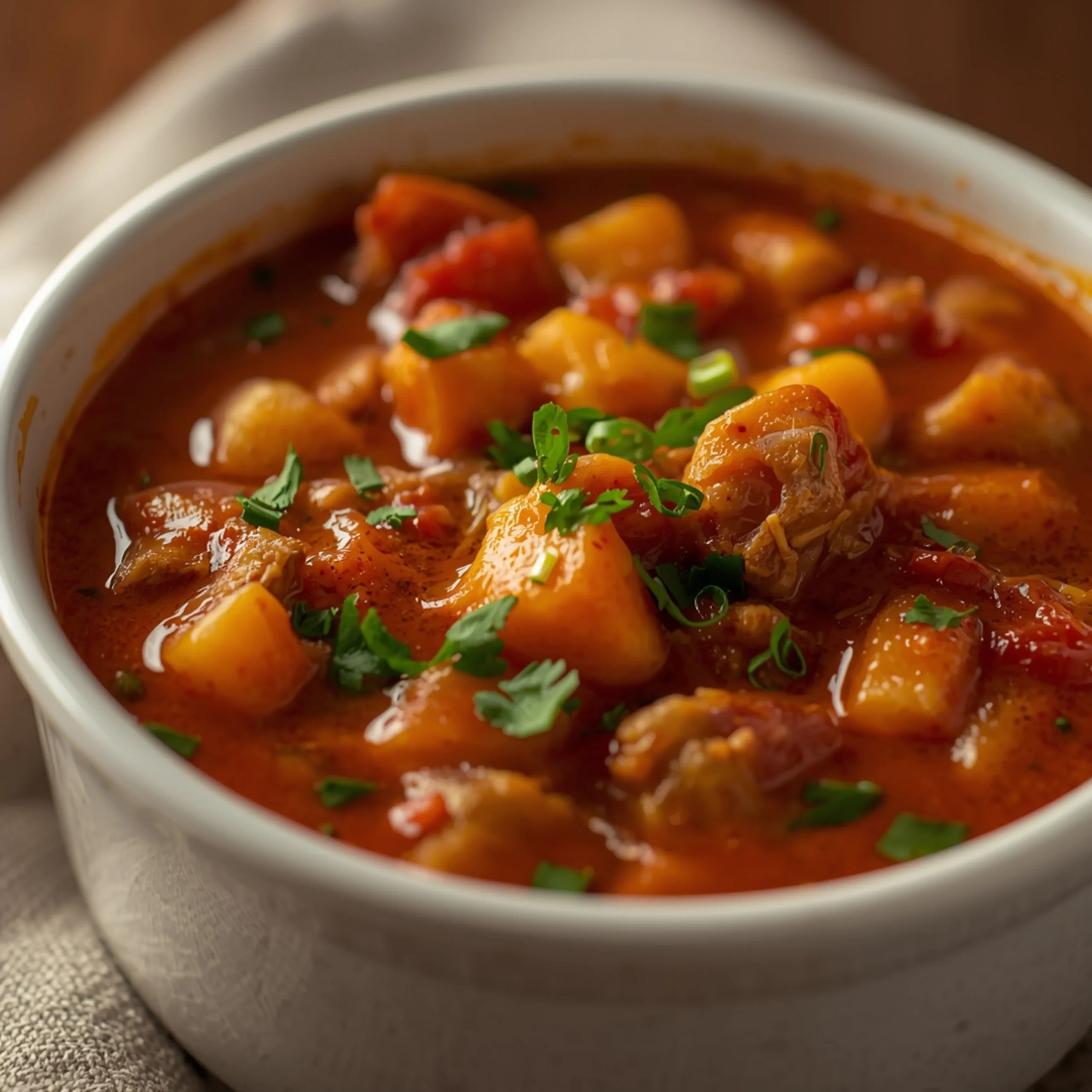 Close-up of Crock Pot Stuffed Pepper Soup cooked in a Crockpot with fresh herbs and glossy sauce