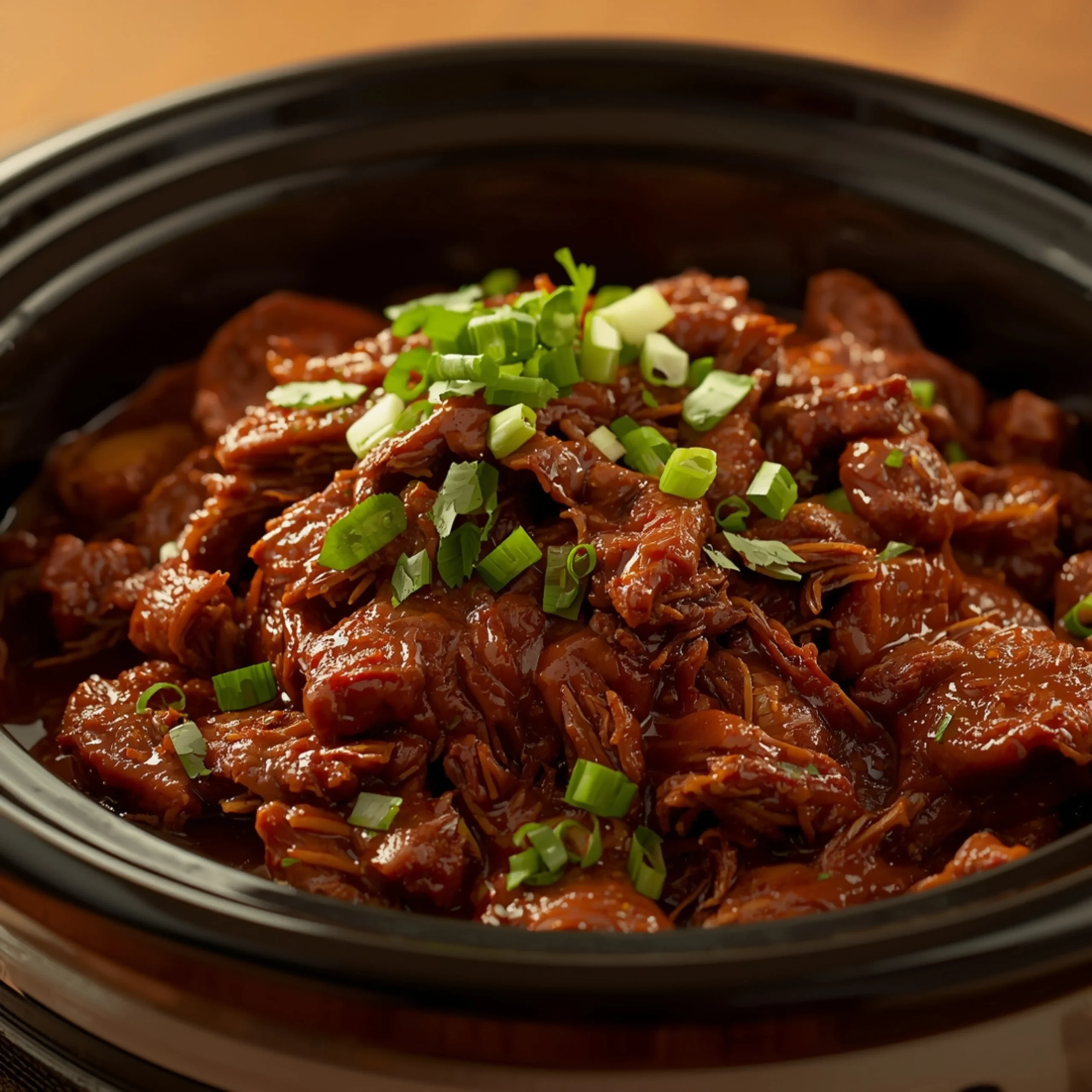 Close-up of Crockpot Barbacoa Beef cooked in a Crockpot with fresh herbs and glossy sauce