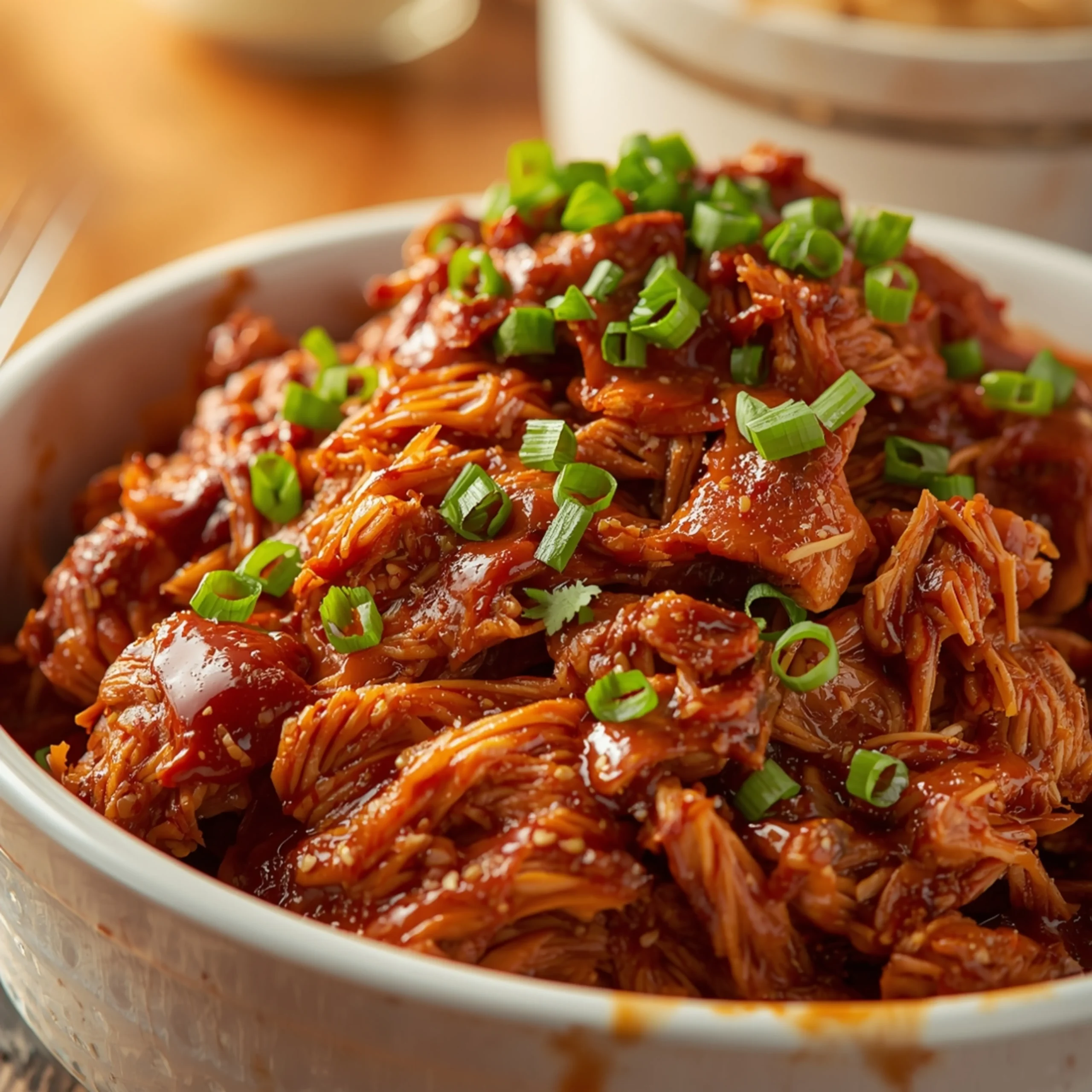 Close-up of Shredded Crockpot BBQ Chicken in a rustic white ceramic dish with fresh herbs and glossy sauce, ready for sandwiches.
