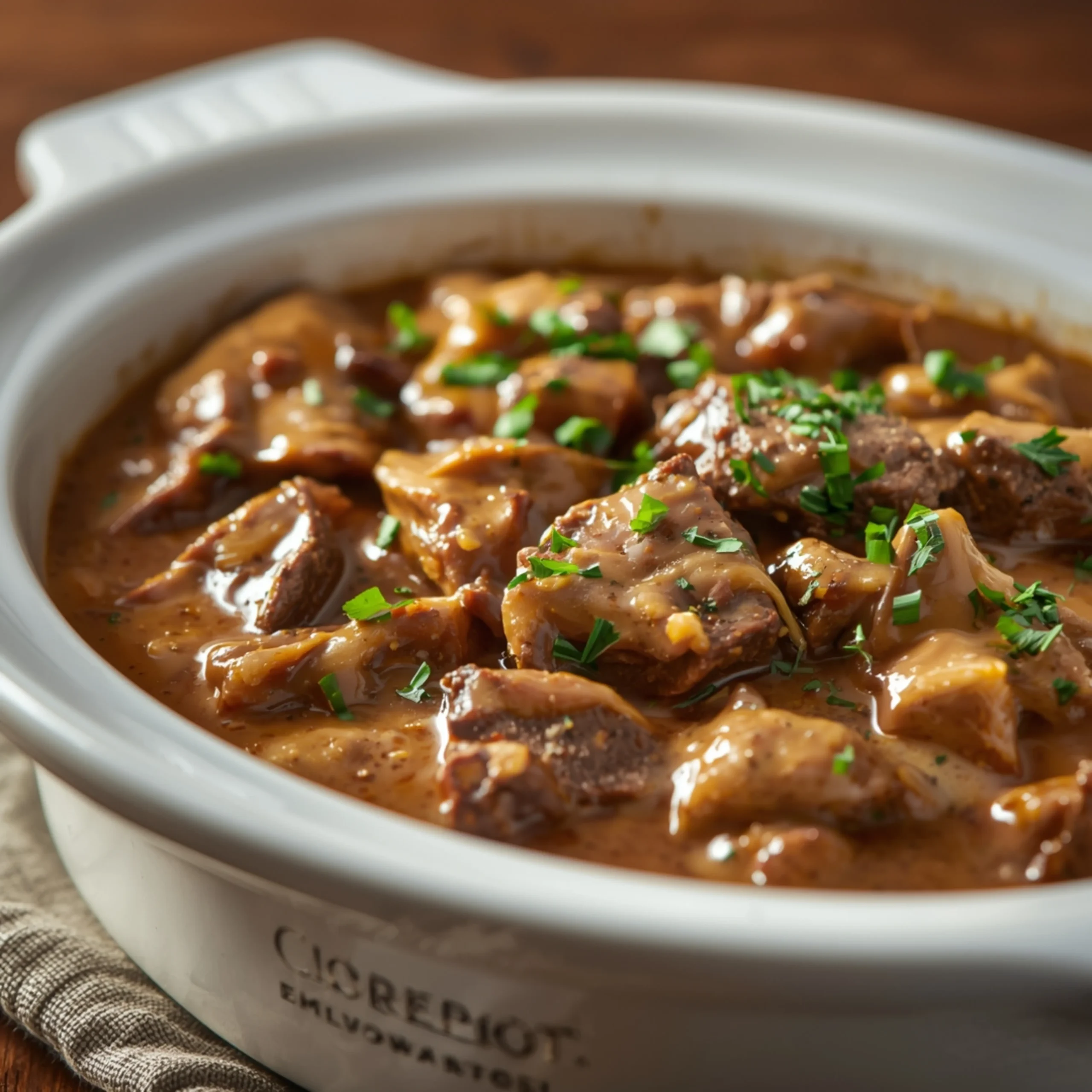 Close-up of Crockpot Beef Stroganoff cooked in a Crockpot with fresh herbs and glossy sauce