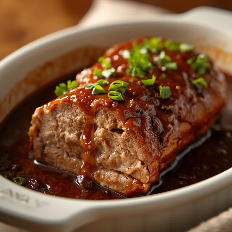 Close-up of Crockpot Brown Sugar Balsamic Glazed Pork Tenderloin cooked in a Crockpot with fresh herbs and glossy sauce