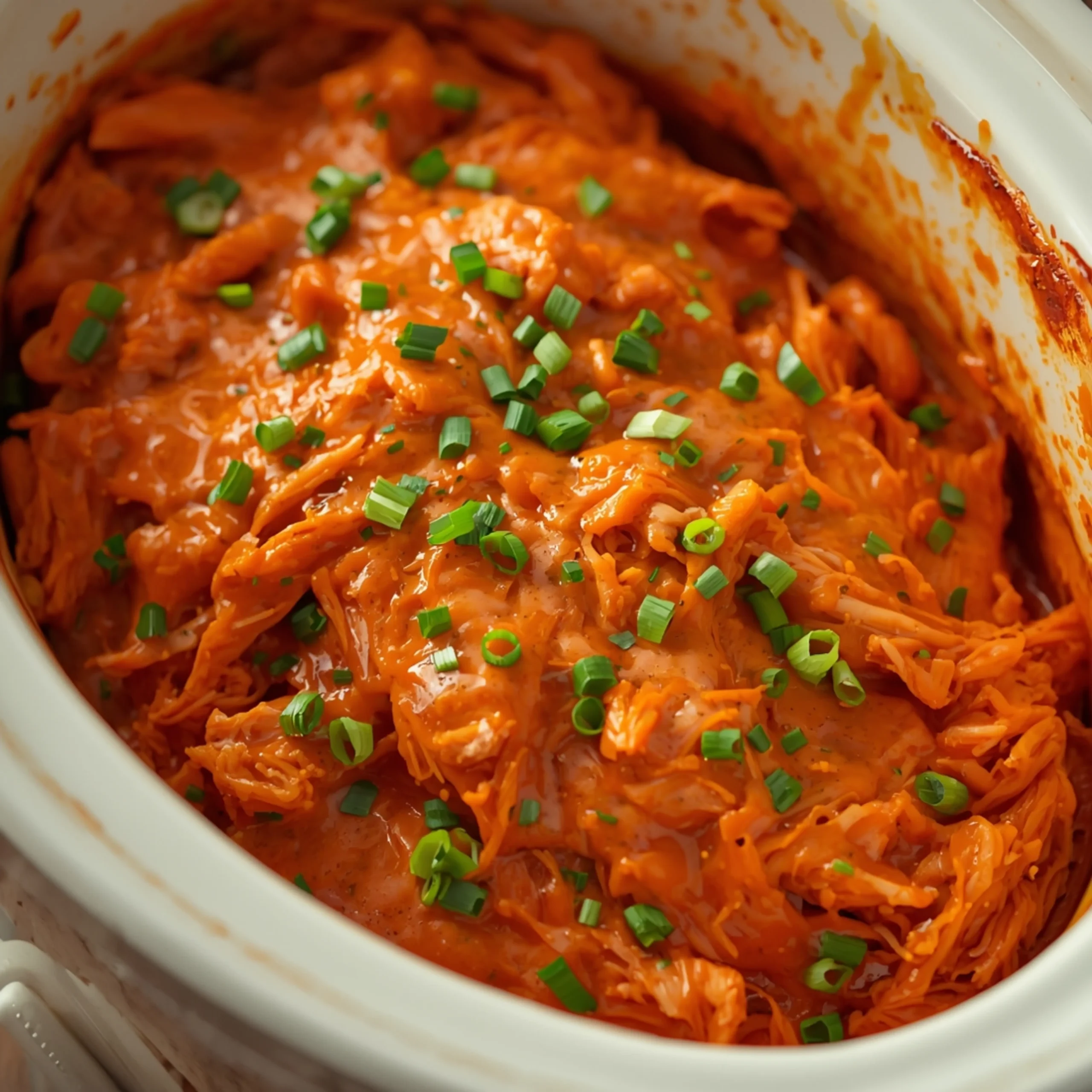 Close-up of Crockpot Buffalo Chicken Sandwiches cooked in a Crockpot with fresh herbs and glossy sauce