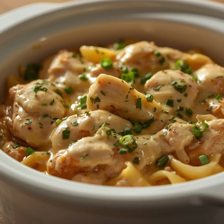 Close-up of Crockpot Chicken Alfredo cooked in a Crockpot with fresh herbs and glossy sauce