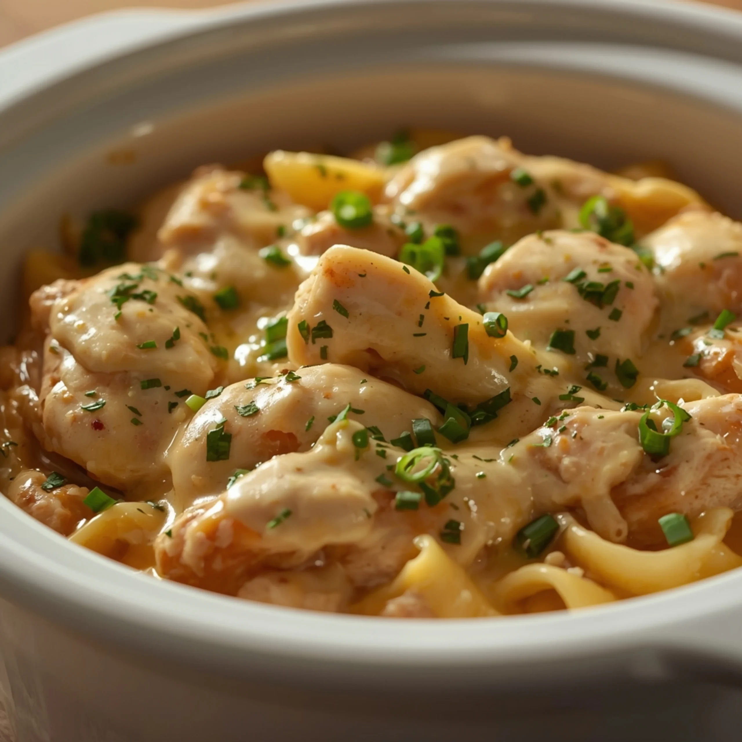 Close-up of Crockpot Chicken Alfredo cooked in a Crockpot with fresh herbs and glossy sauce