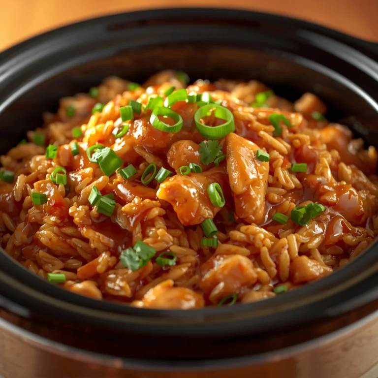 Close-up of Crockpot Chicken Fried Rice cooked in a Crockpot with fresh herbs and glossy sauce