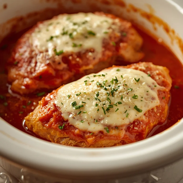 Close-up of Crockpot Chicken Parmesan cooked in a Crockpot with fresh herbs and glossy sauce