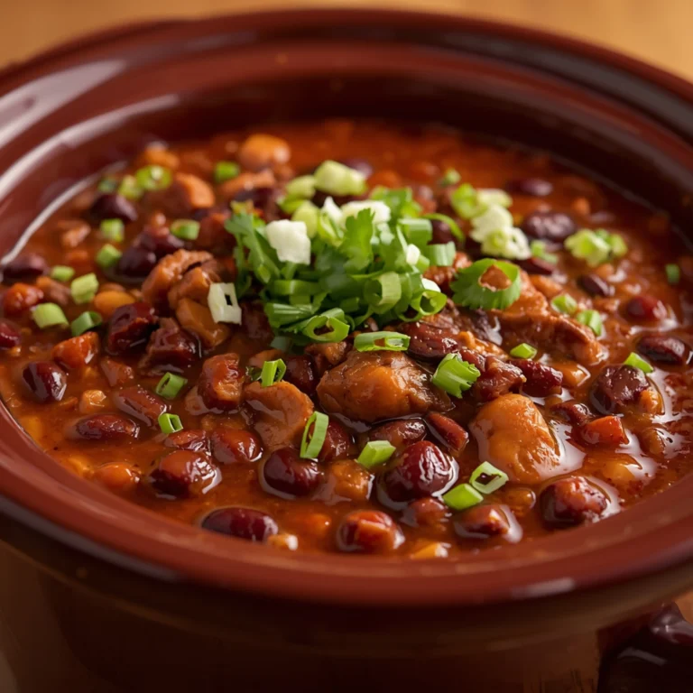 Close-up of Crockpot Chili cooked in a Crockpot with fresh herbs and glossy sauce